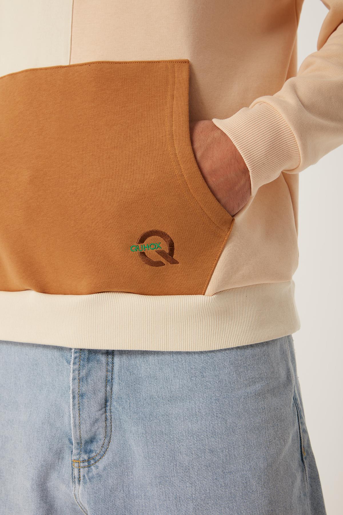 Erkek Parçalı 3 İplik Sweatshirt Ekru