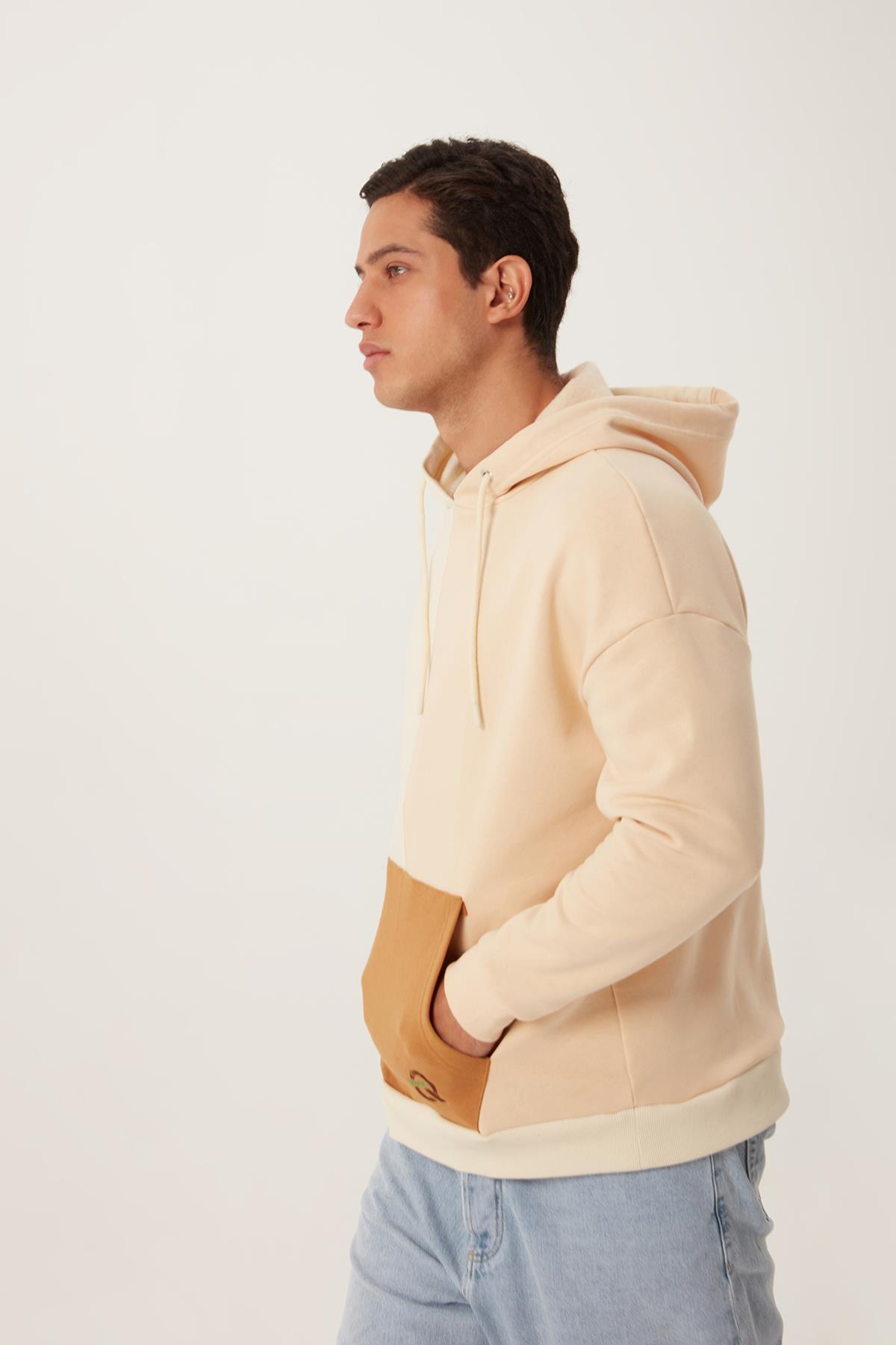 Erkek Parçalı 3 İplik Sweatshirt Ekru