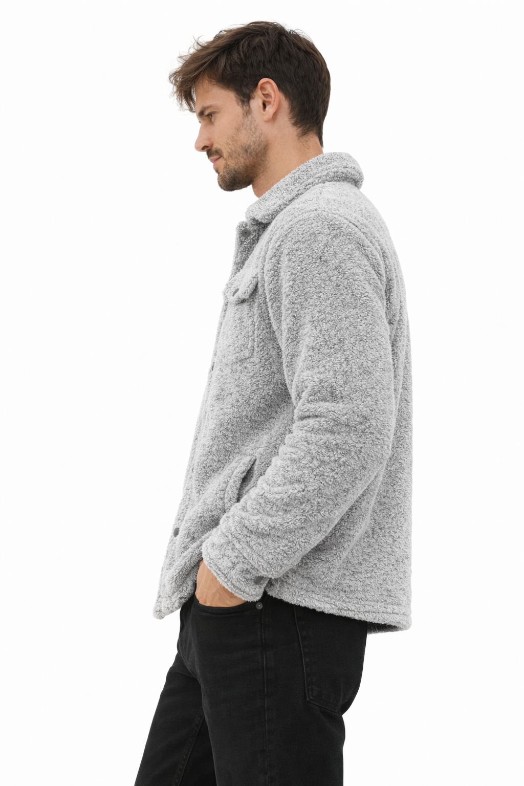 Erkek Peluş Yumuşak Dokulu Sherpa Ceket Gri Melanj