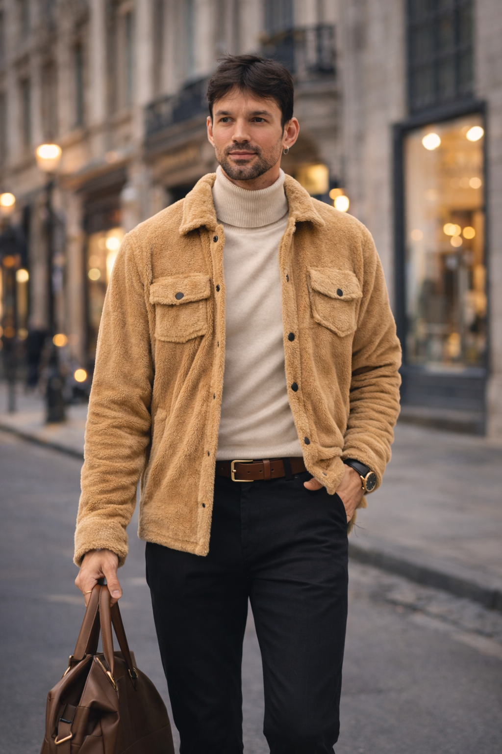 Erkek Peluş Yumuşak Dokulu Sherpa Ceket Camel