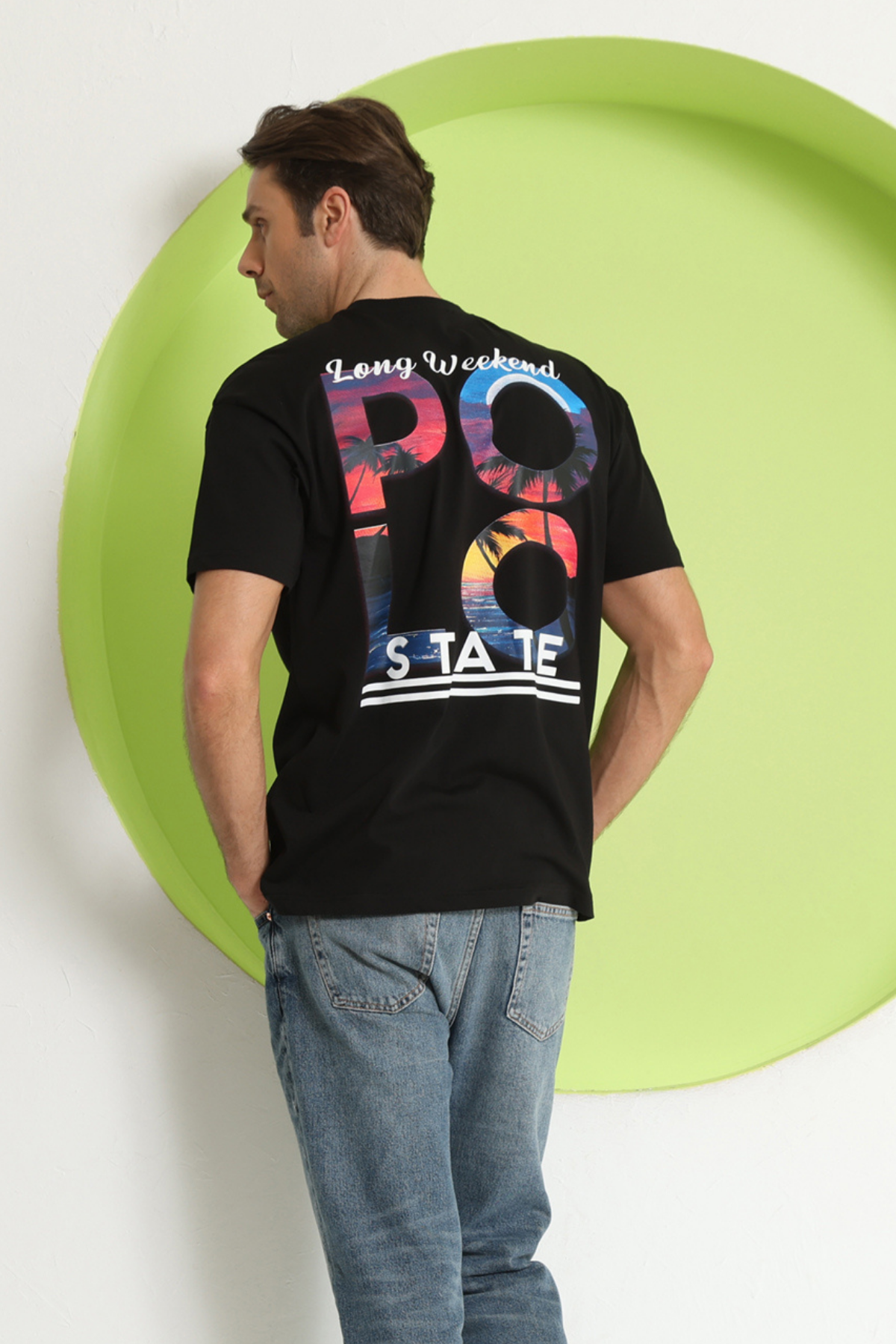 Erkek Polo Baskılı Oversize T-Shirt Siyah