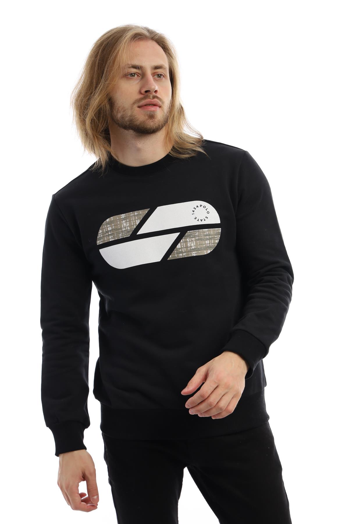 Erkek 3 İplik Pamuklu Baskılı Regular Fit Basic Bisiklet Yaka Siyah Sweatshirt