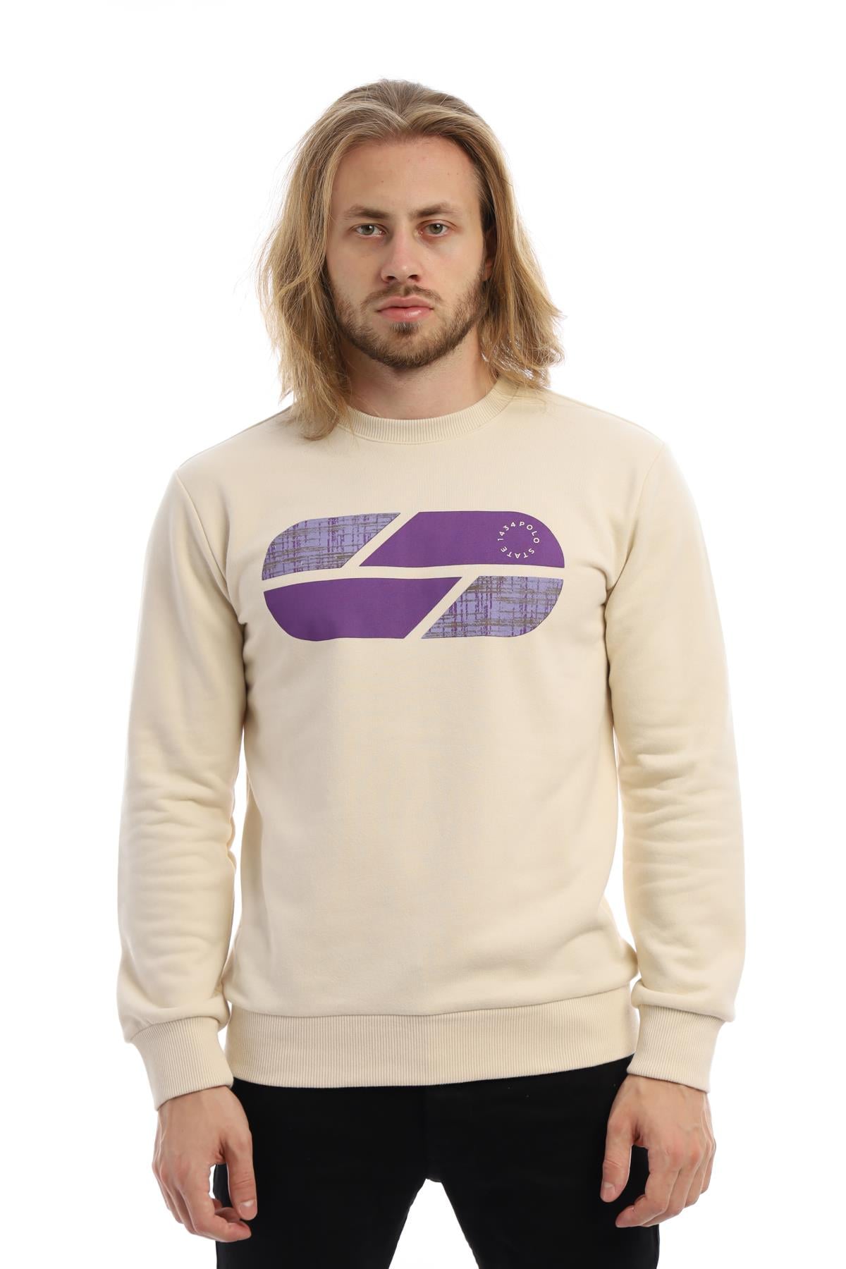 Erkek 3 İplik Pamuklu Baskılı Regular Fit Basic Bisiklet Yaka Ekru Sweatshirt