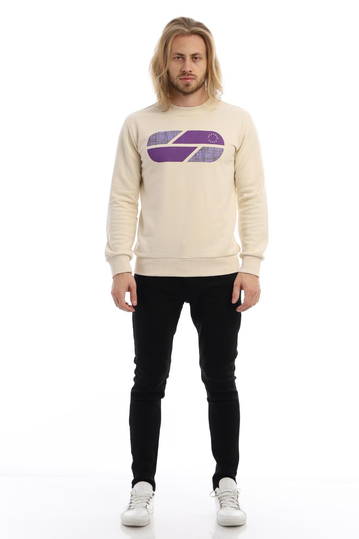 Erkek 3 İplik Pamuklu Baskılı Regular Fit Basic Bisiklet Yaka Ekru Sweatshirt Erkek 3 İplik Pamuklu Baskılı Regular Fit Basic Bisiklet Yaka Ekru Sweatshirt