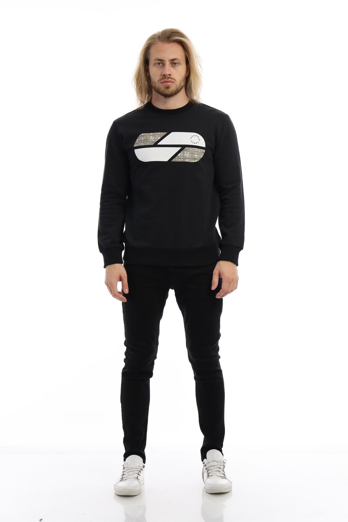 Erkek 3 İplik Pamuklu Baskılı Regular Fit Basic Bisiklet Yaka Siyah Sweatshirt Erkek 3 İplik Pamuklu Baskılı Regular Fit Basic Bisiklet Yaka Siyah Sweatshirt
