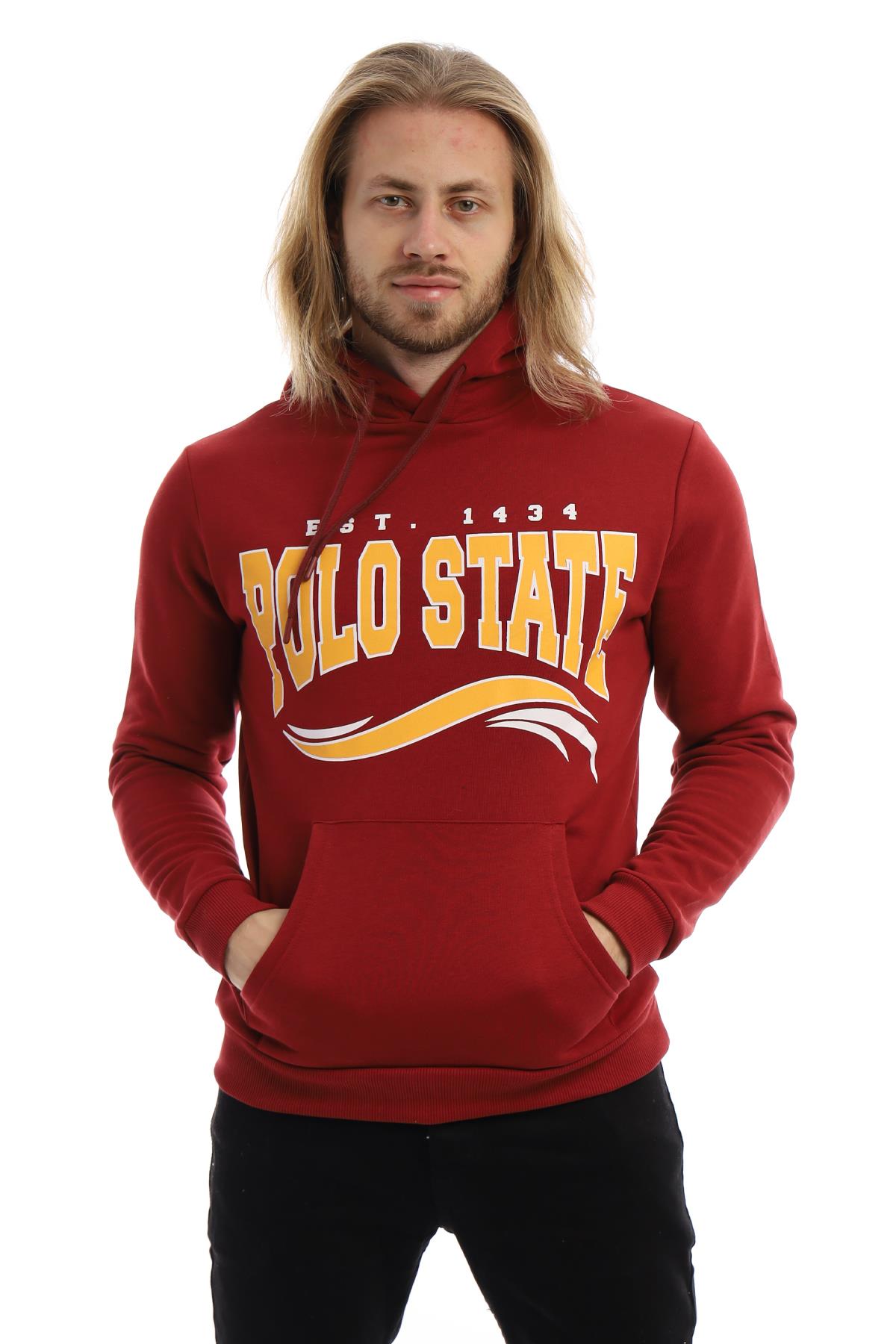 Erkek 3 İplik Pamuklu İçi Polarlı Regular Fit Baskılı Kapüşonlu Kanguru Cepli Bordo Sweatshirt