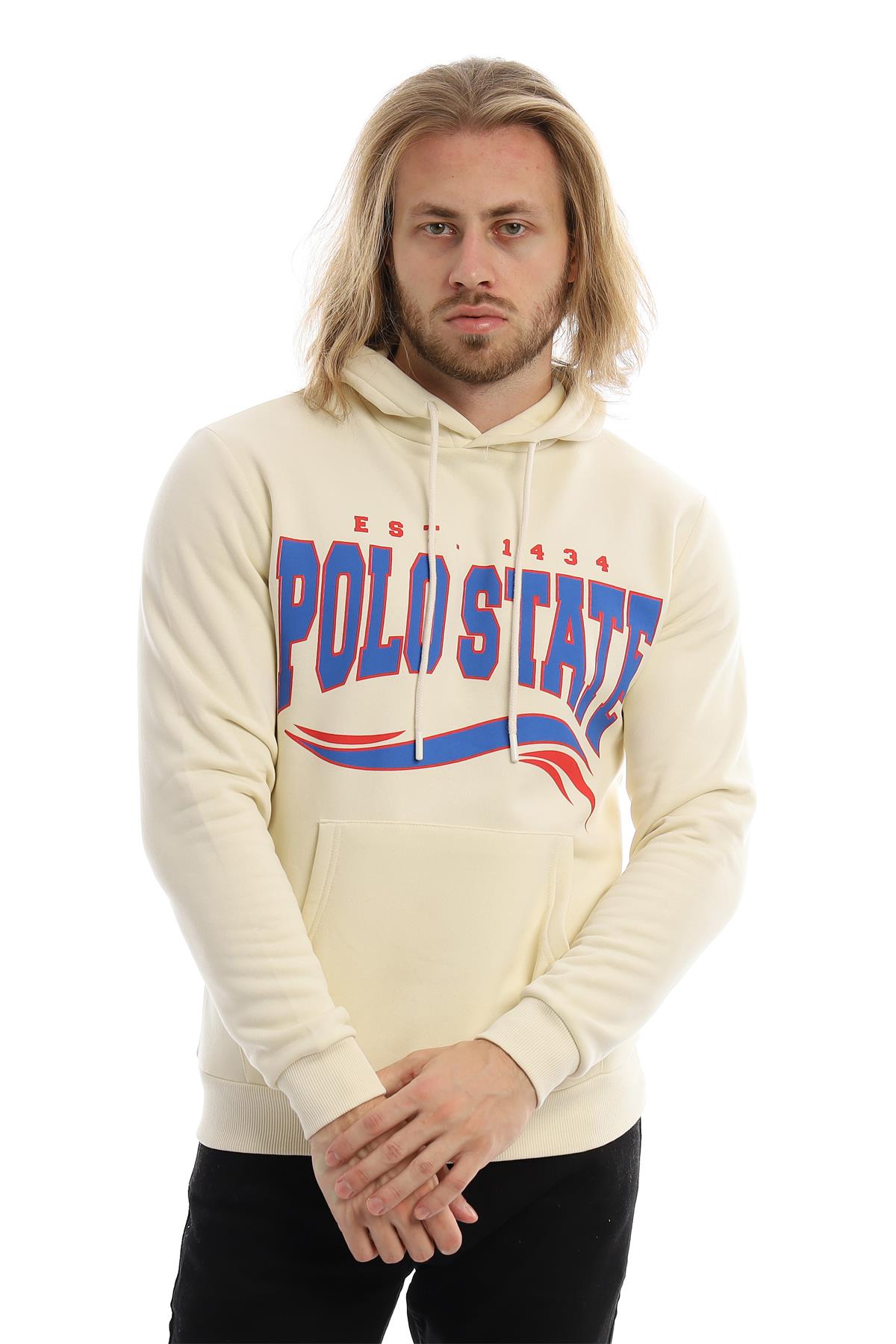 Erkek 3 İplik Pamuklu İçi Polarlı Regular Fit Baskılı Kapüşonlu Kanguru Cepli Ekru Sweatshirt