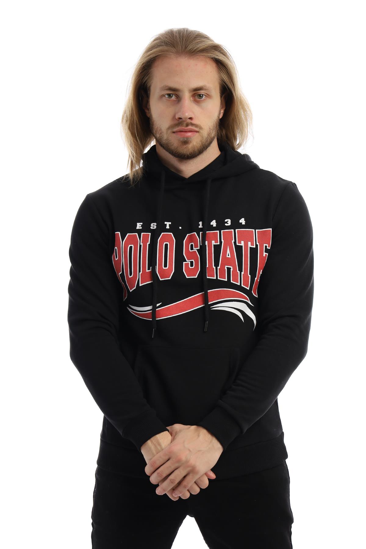 Erkek 3 İplik Pamuklu İçi Polarlı Regular Fit Baskılı Kapüşonlu Kanguru Cepli Siyah Sweatshirt