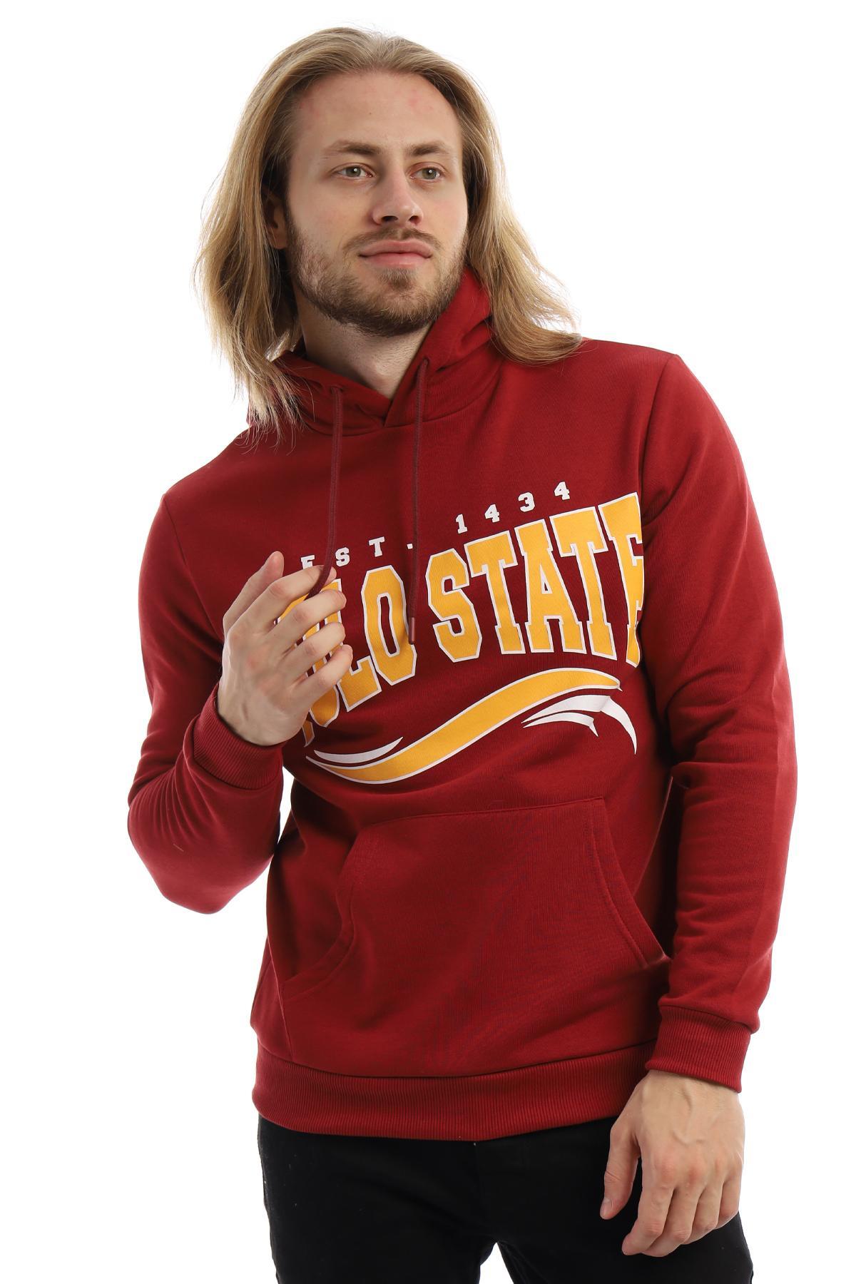 Erkek 3 İplik Pamuklu İçi Polarlı Regular Fit Baskılı Kapüşonlu Kanguru Cepli Bordo Sweatshirt Erkek 3 İplik Pamuklu İçi Polarlı Regular Fit Baskılı Kapüşonlu Kanguru Cepli Bordo Sweatshirt
