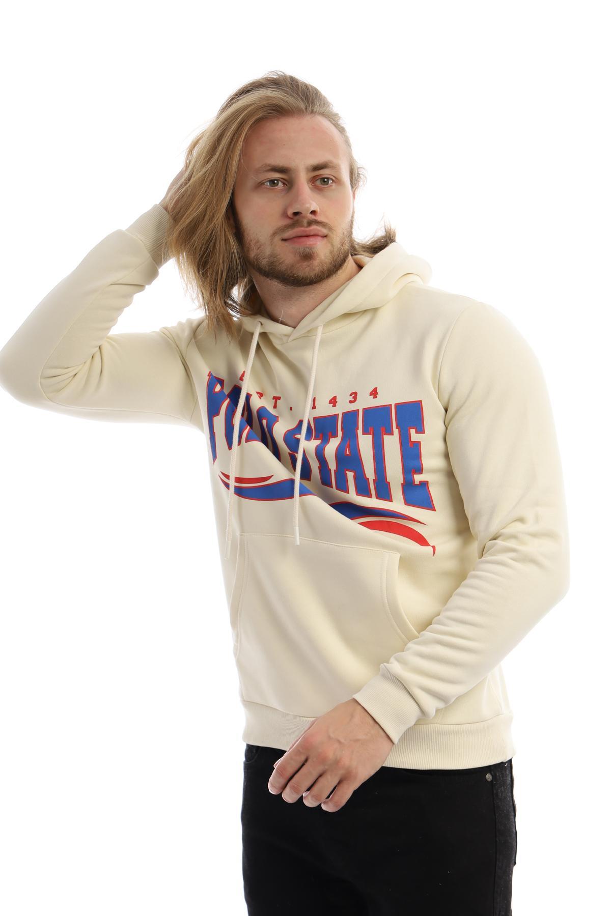 Erkek 3 İplik Pamuklu İçi Polarlı Regular Fit Baskılı Kapüşonlu Kanguru Cepli Ekru Sweatshirt Erkek 3 İplik Pamuklu İçi Polarlı Regular Fit Baskılı Kapüşonlu Kanguru Cepli Ekru Sweatshirt