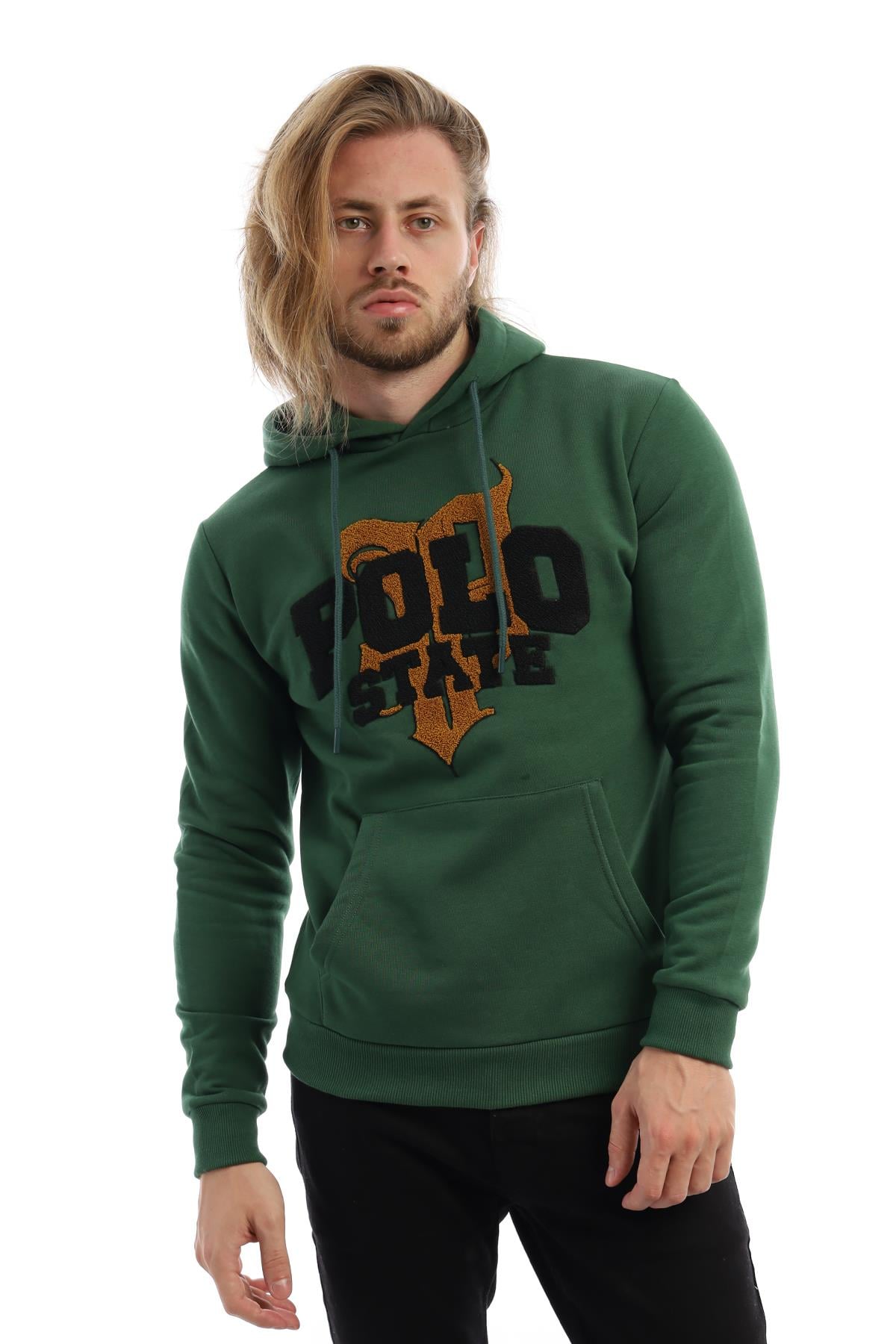 Erkek 3 İplik Pamuklu İçi Polarlı Süzine Nakışlı Regular Fit Kapüşonlu Kanguru Cepli yeşil Sweatshirt