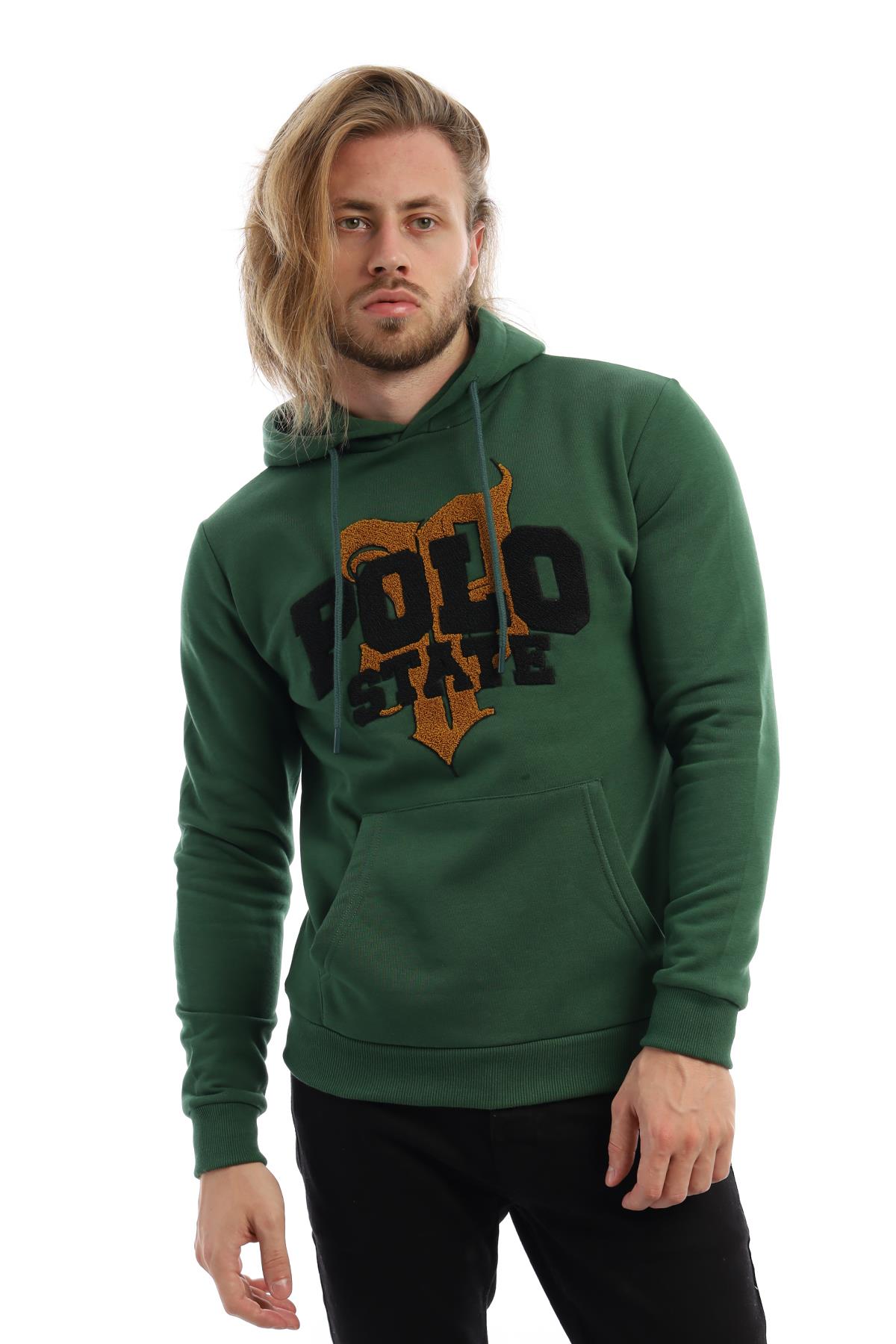 Erkek 3 İplik Pamuklu İçi Polarlı Süzine Nakışlı Regular Fit Kapüşonlu Kanguru Cepli yeşil Sweatshirt