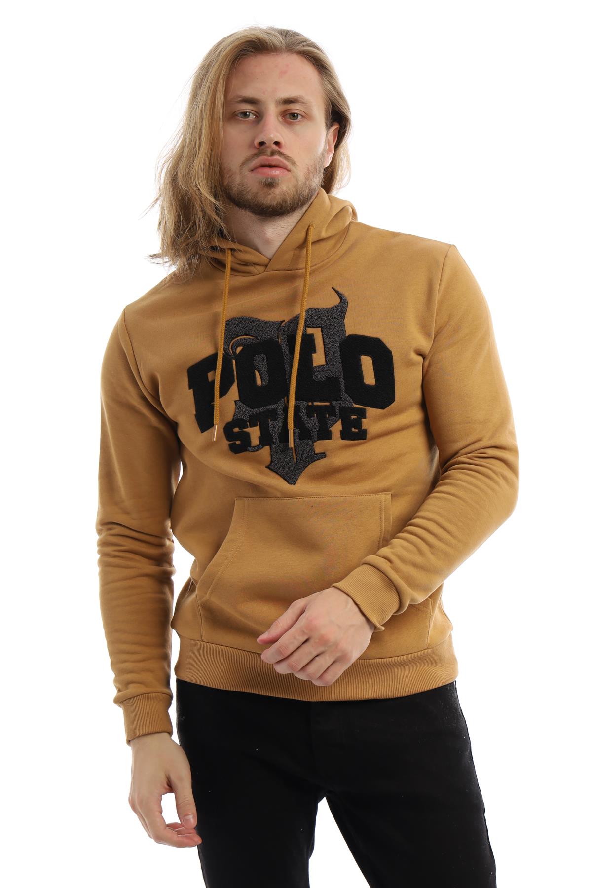 Erkek 3 İplik Pamuklu İçi Polarlı Süzine Nakışlı Regular Fit Kapüşonlu Kanguru Cepli Kahverengi Sweatshirt