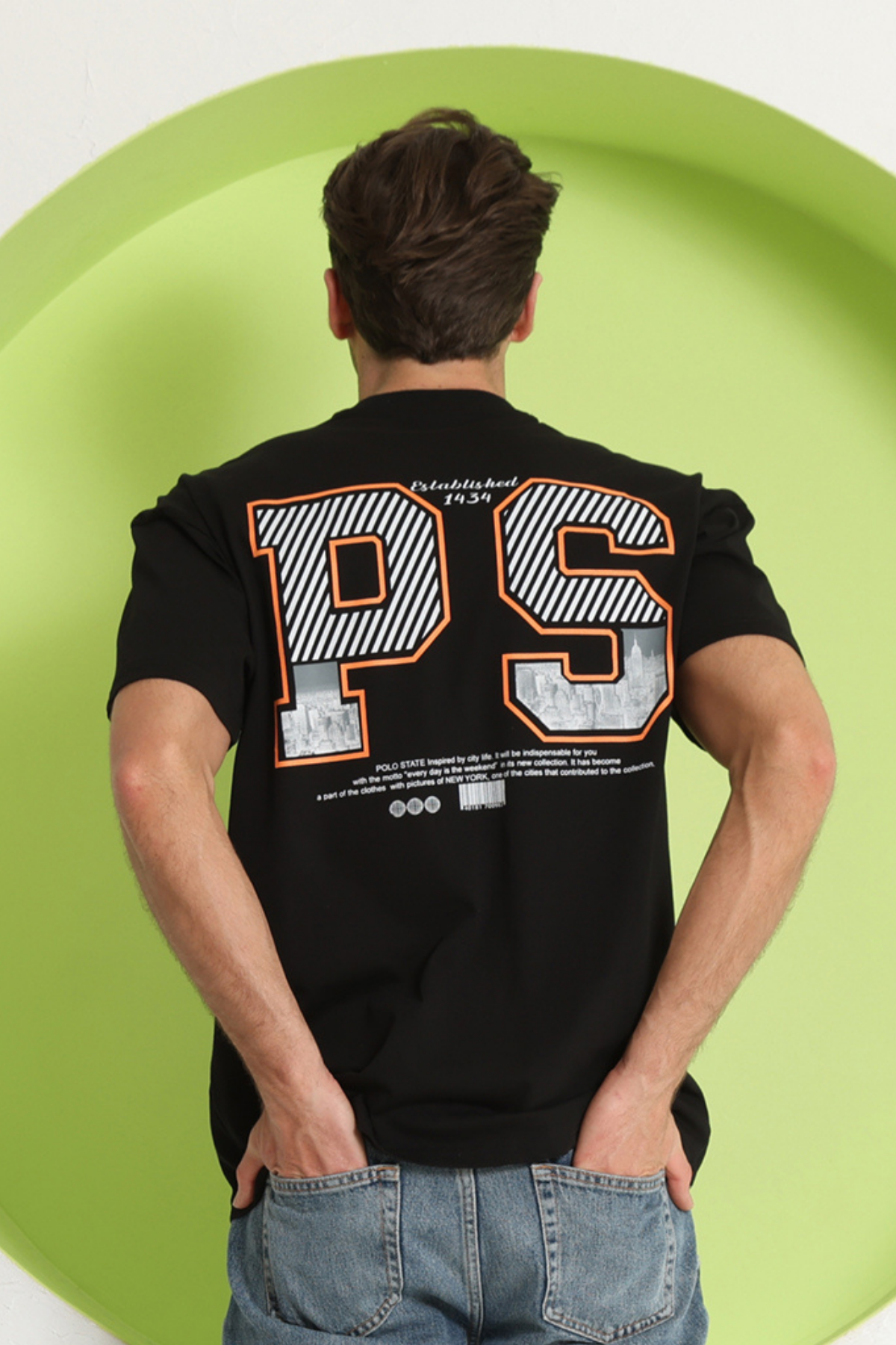 Erkek PS Baskılı Oversize T-Shirt Siyah