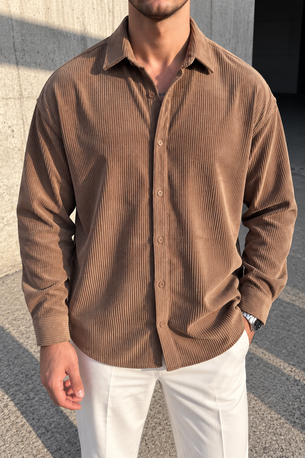 Erkek Regular Fit Fitilli Kadife Uzun Kollu Gömlek - Camel
