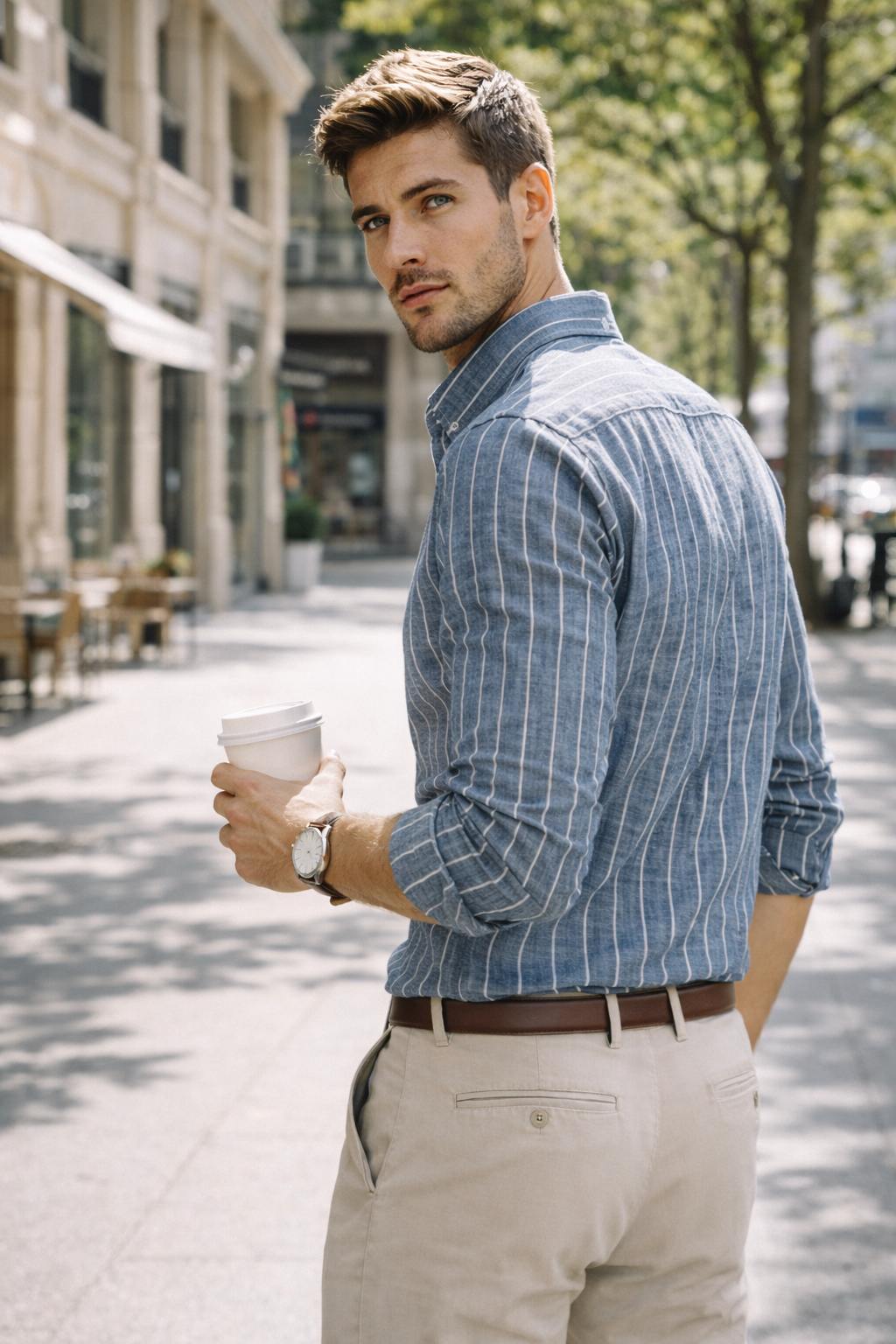 Erkek Regular Fit İndigo Çizgili Keten Görünümlü Gömlek