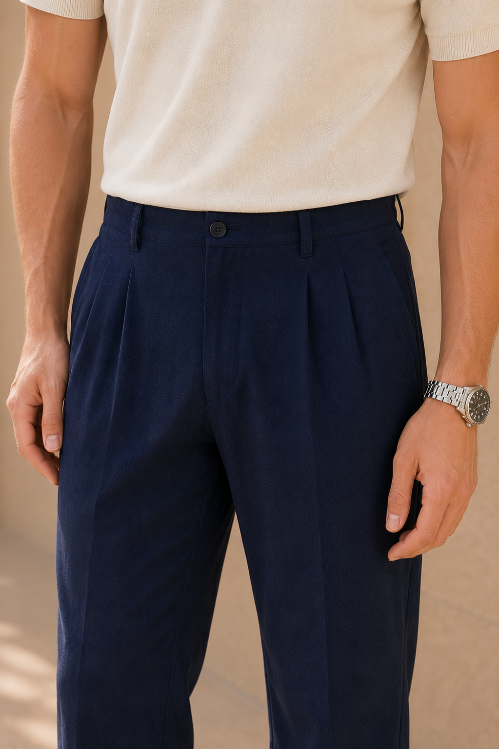 Erkek Regular Fit Keten Dokulu Çift Pileli Yazlık Pantolon - Lacivert