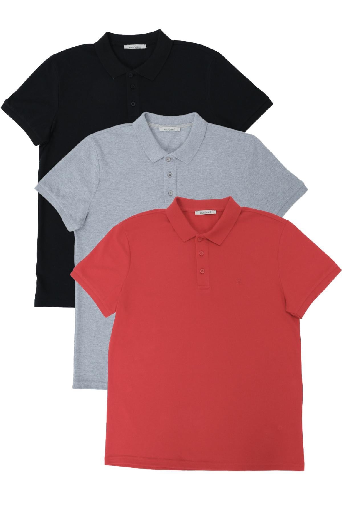Erkek Regular Fit Polo Yaka 3lü T-shirt Kırmızı-Gri-Siyah