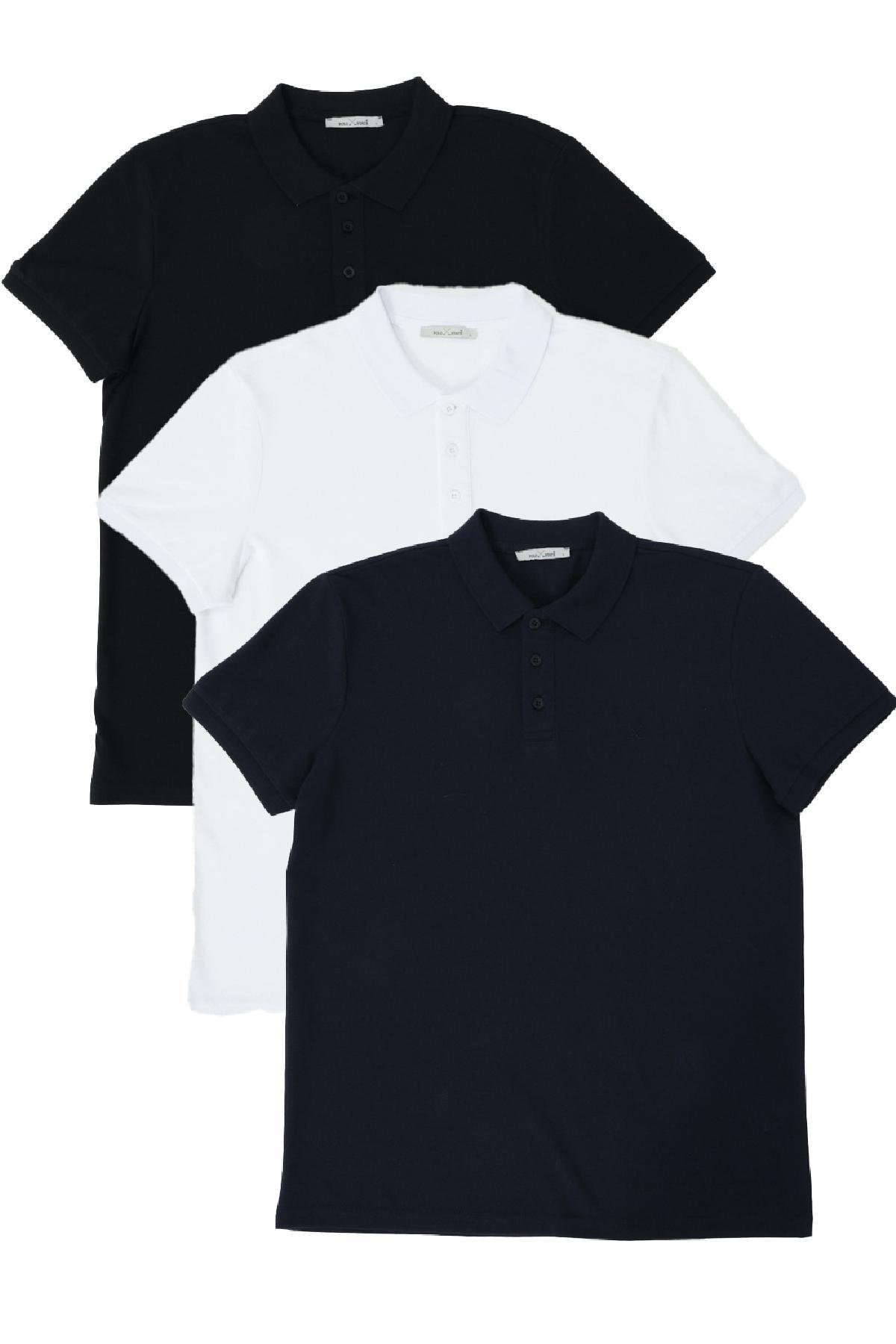 Erkek Regular Fit Polo Yaka 3lü T-shirt Beyaz-Lacivert-Siyah Erkek Regular Fit Polo Yaka 3lü T-shirt Beyaz-Lacivert-Siyah