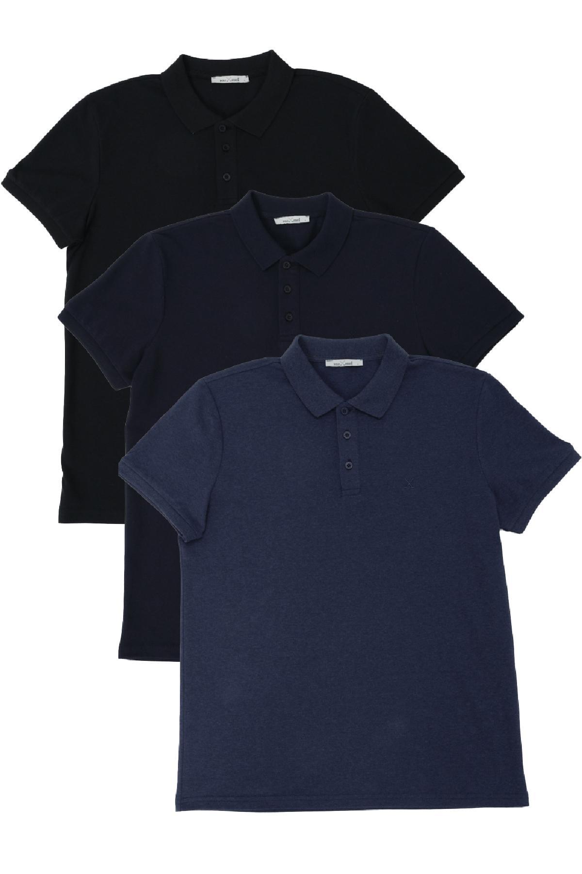 Erkek Regular Fit Polo Yaka 3lü T-shirt Lacivert-Siyah-İndigo Erkek Regular Fit Polo Yaka 3lü T-shirt Lacivert-Siyah-İndigo