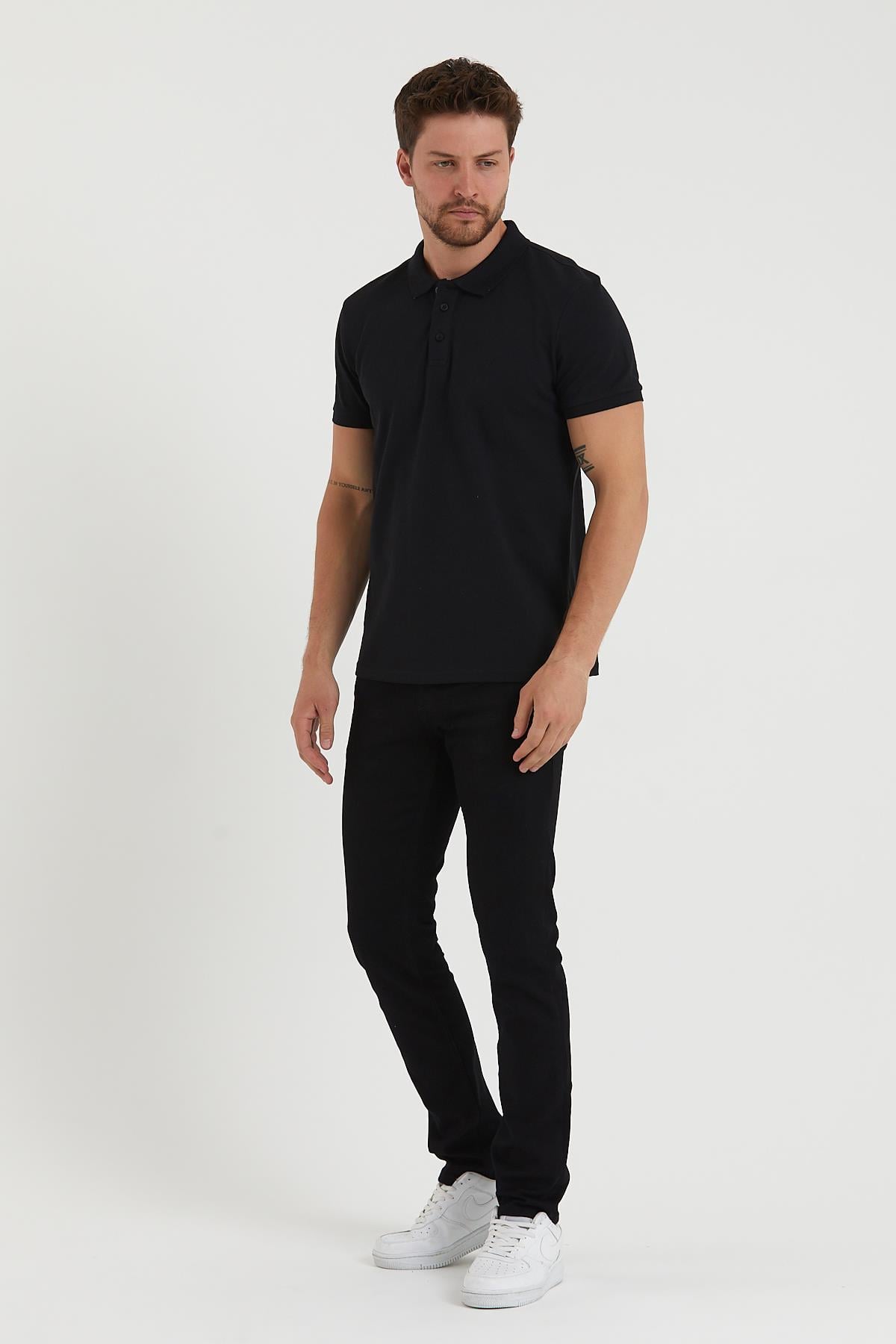 Erkek Regular Fit Polo Yaka Nakışlı T-shirt  Siyah