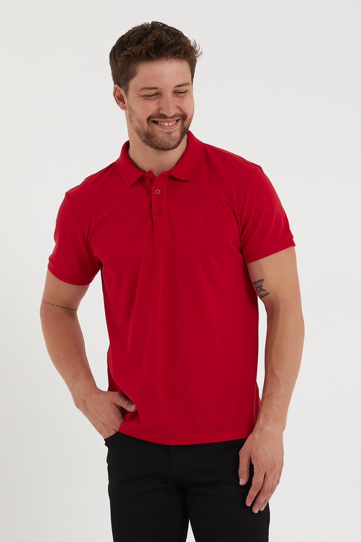Erkek Regular Fit Polo Yaka Nakışlı T-shirt  Kırmızı