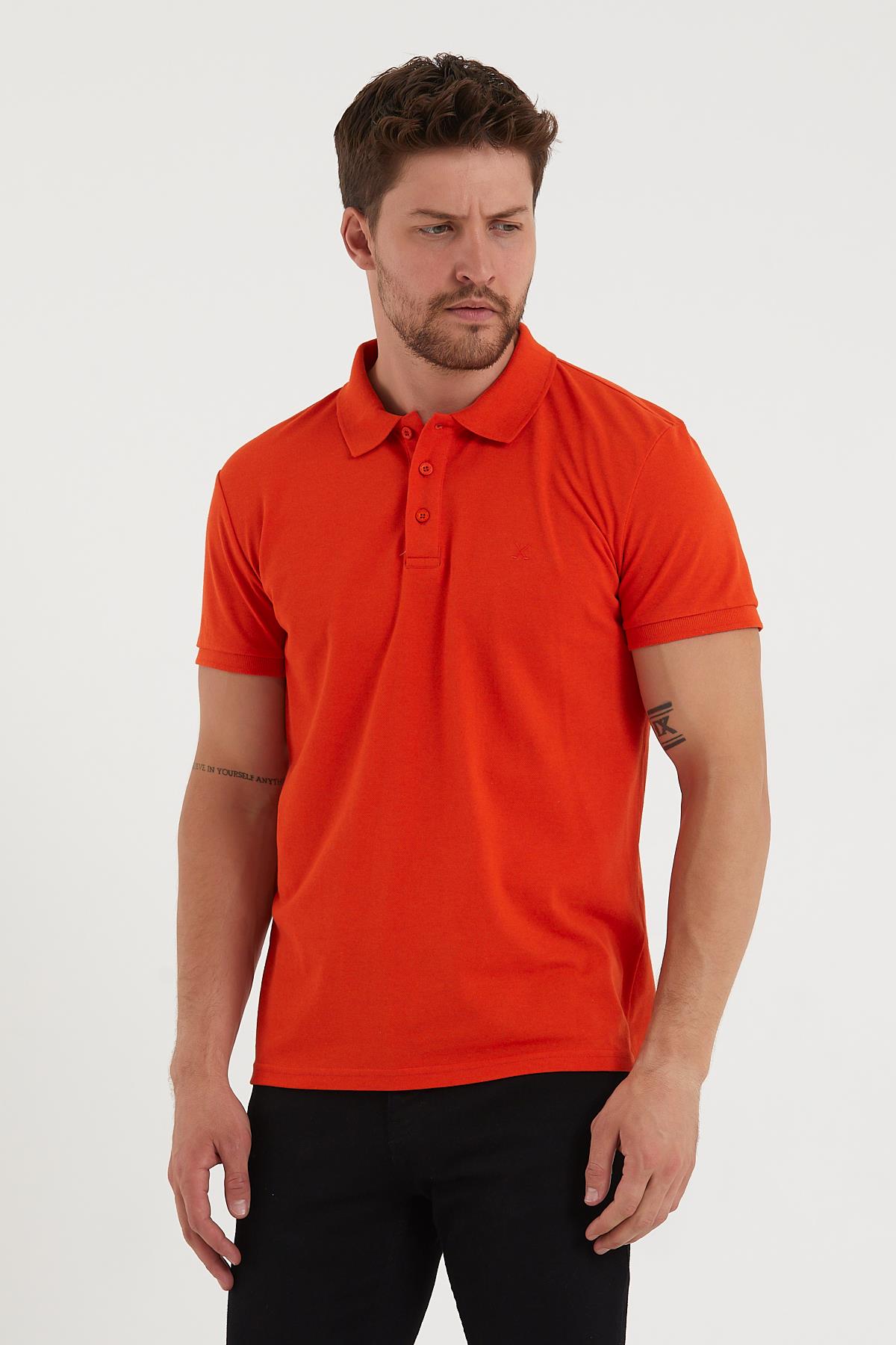 Erkek Regular Fit Polo Yaka Nakışlı T-shirt  Turuncu