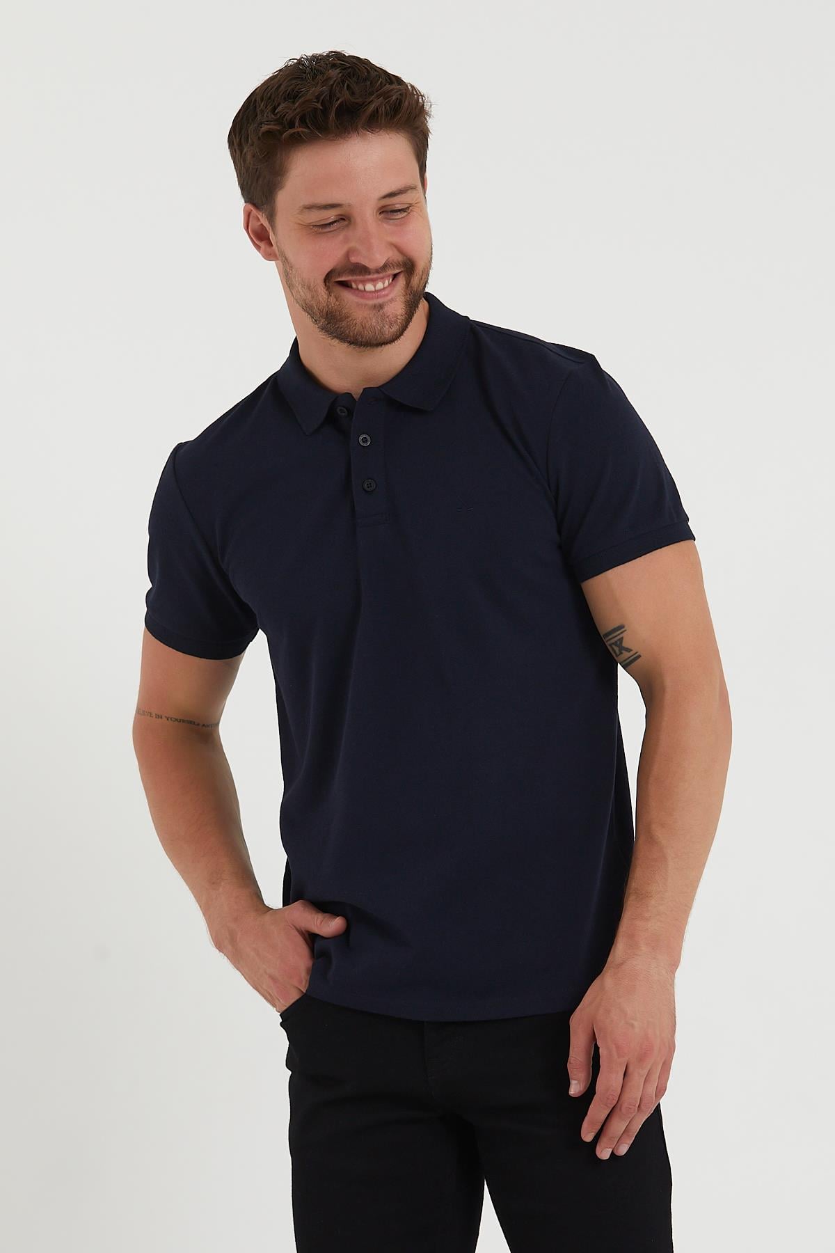 Erkek Regular Fit Polo Yaka Nakışlı T-shirt  Lacivert