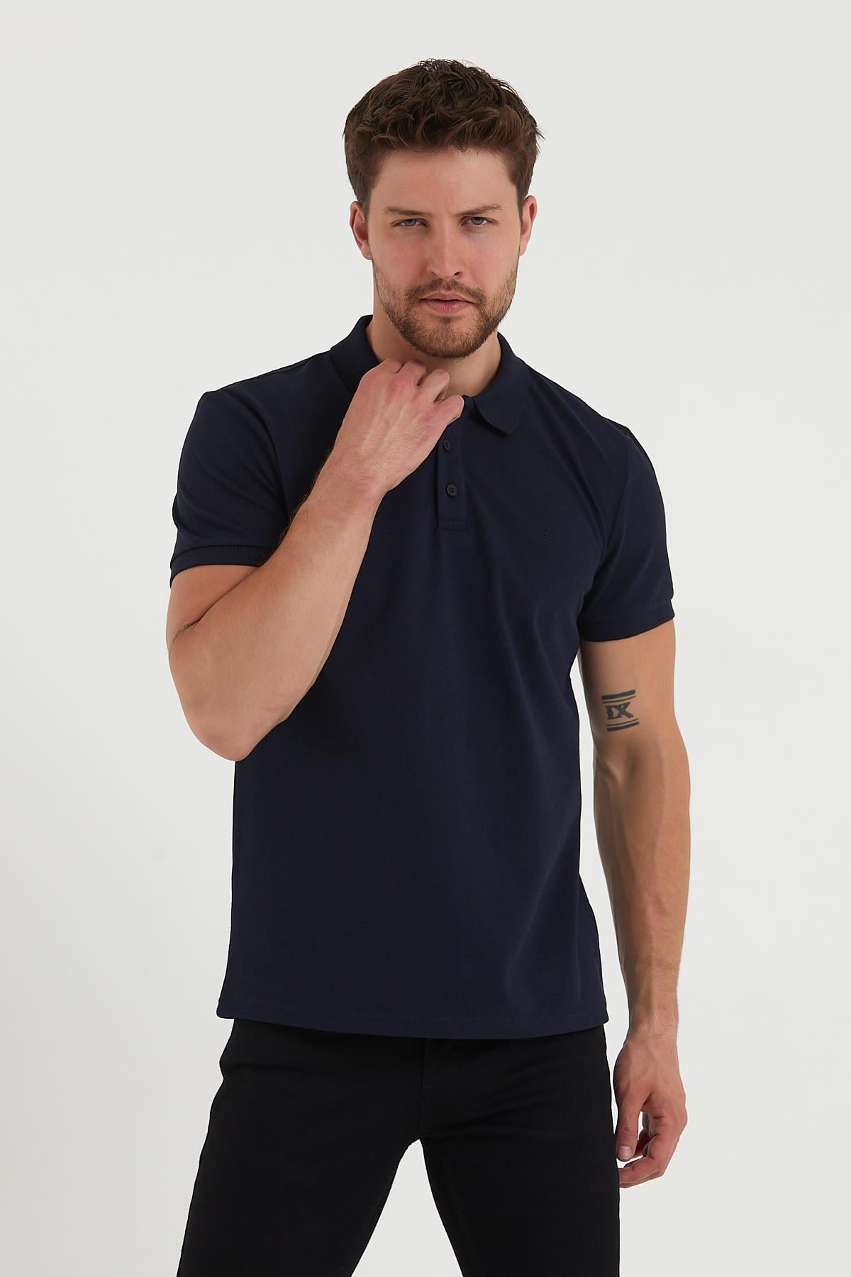 Erkek Regular Fit Polo Yaka Nakışlı T-shirt  Lacivert
