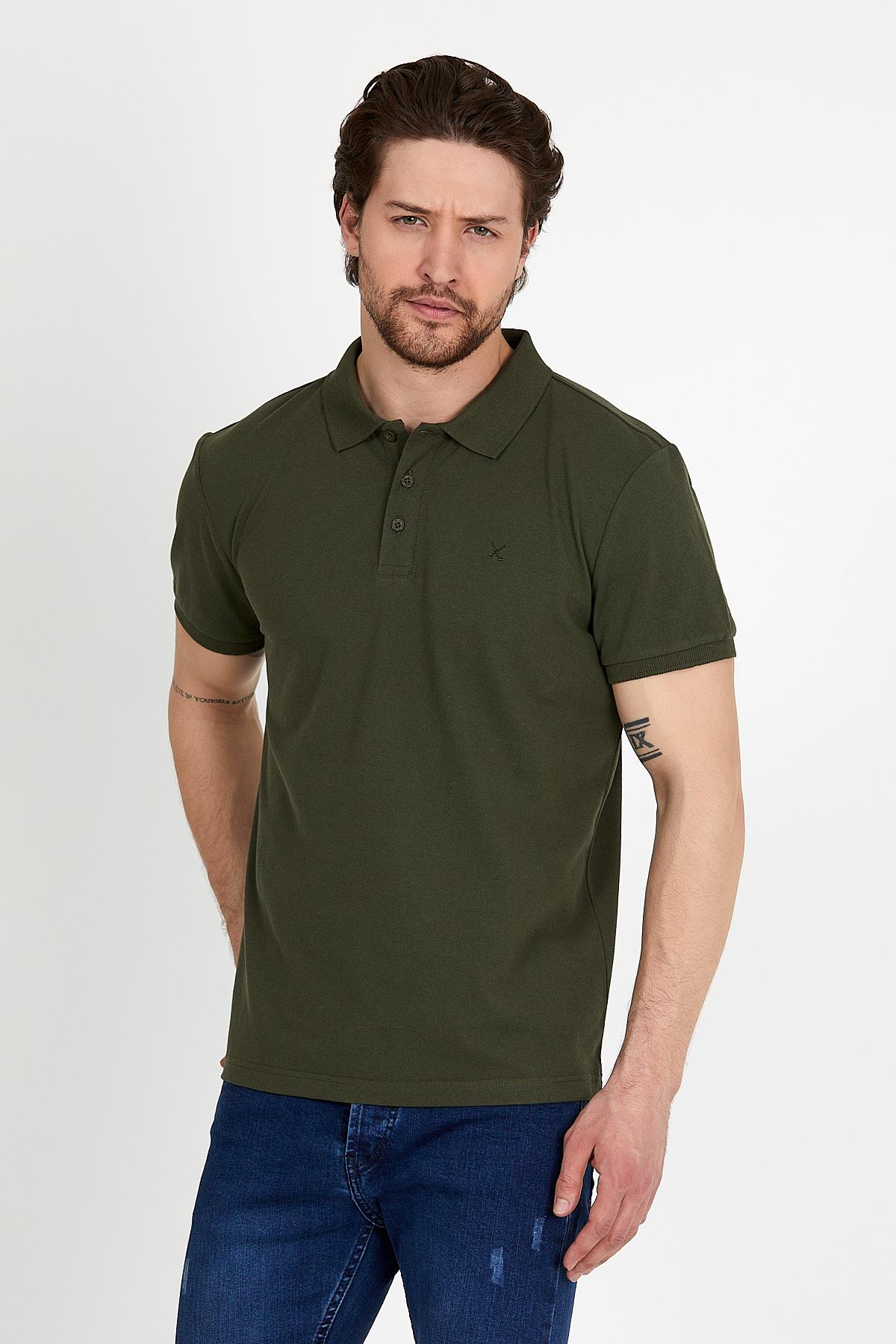 Erkek Regular Fit Polo Yaka Nakışlı T-shirt  Haki