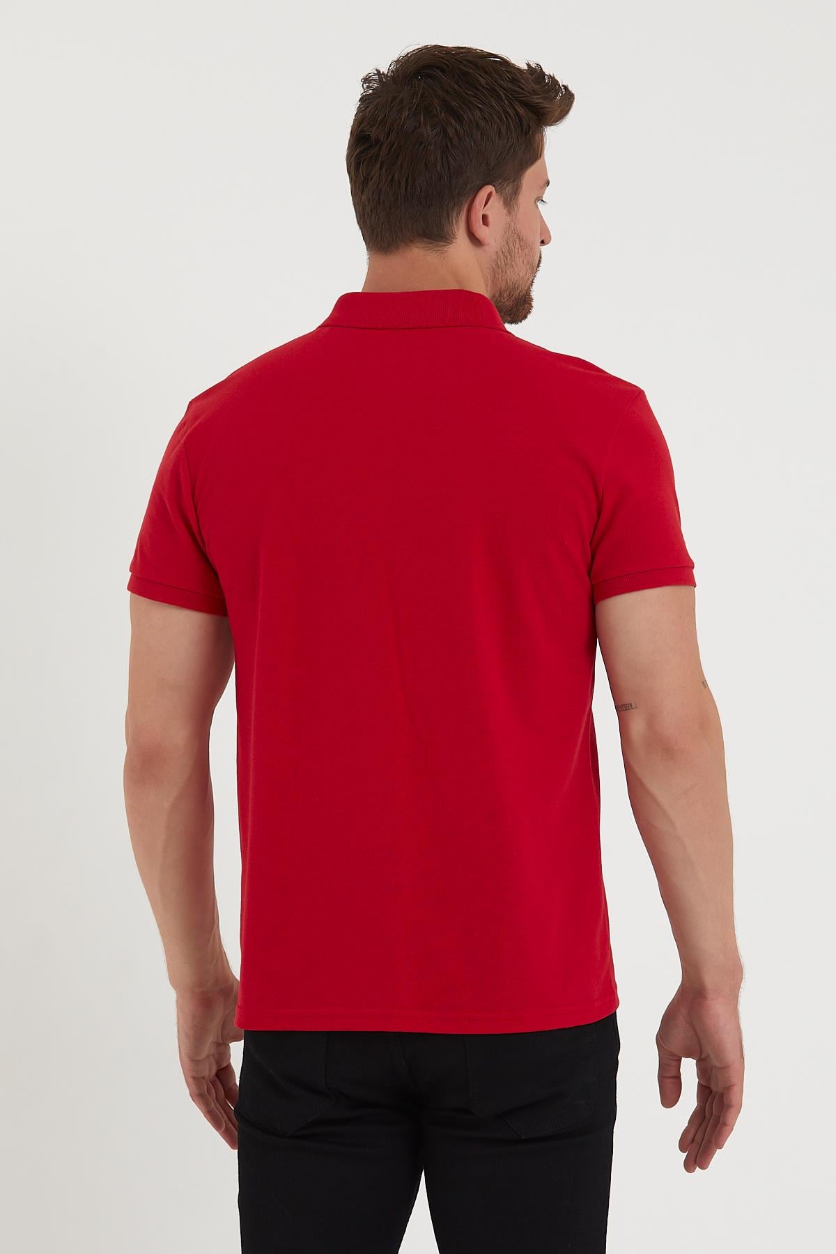 Erkek Regular Fit Polo Yaka Nakışlı T-shirt  Kırmızı