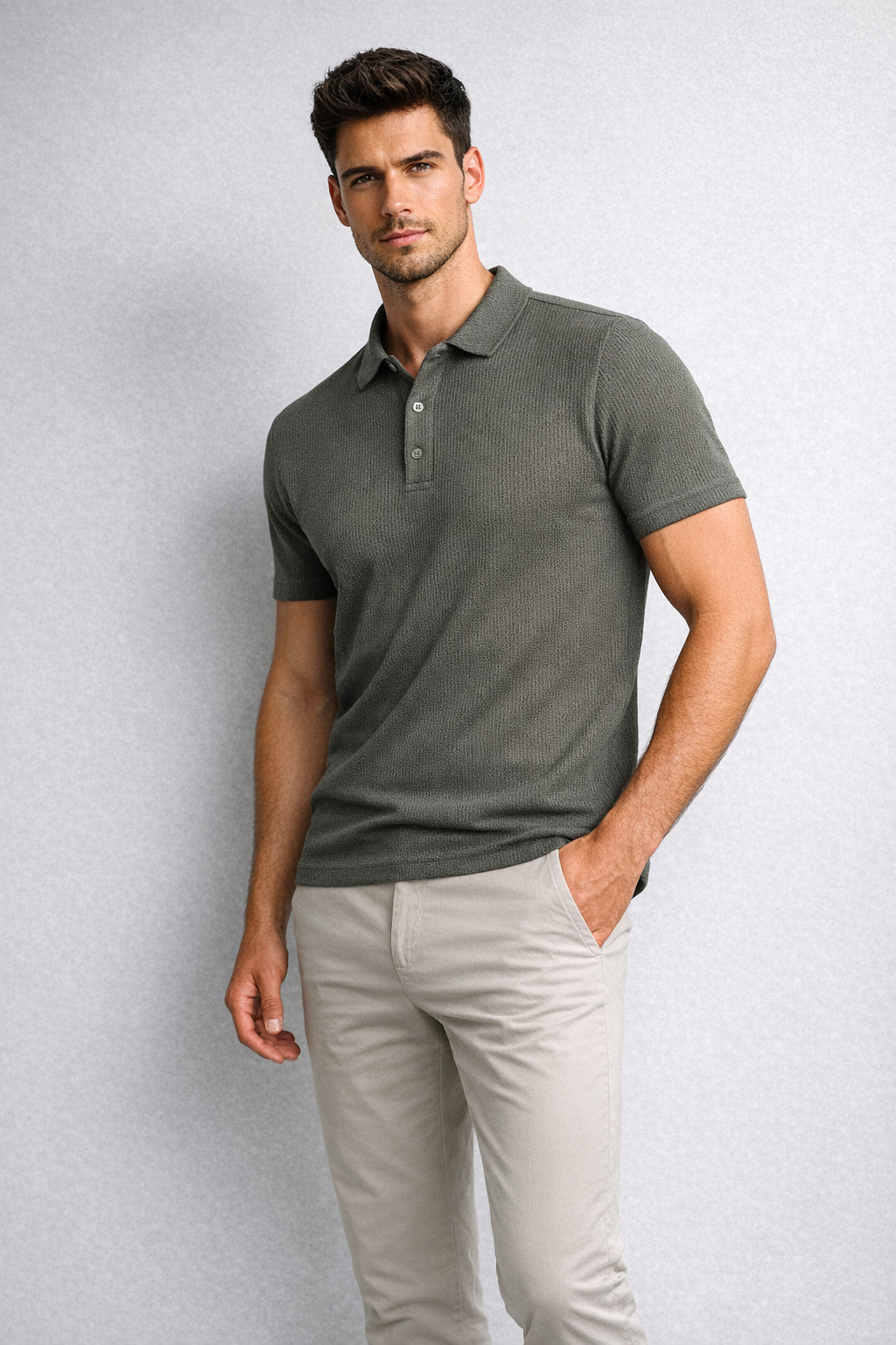 Erkek Regular Fit Waffle Dokulu Polo Yaka Kısa Kollu Haki Tişört