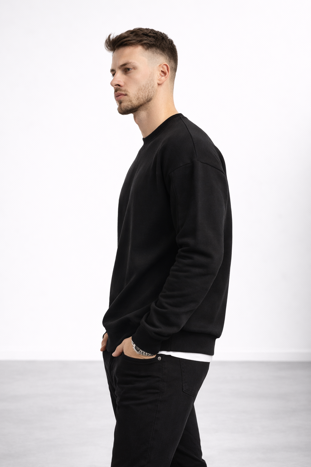 Erkek Siyah 3 İplik Şardonlu Kalın Basic Bisiklet Yaka Oversize Sweatshirt