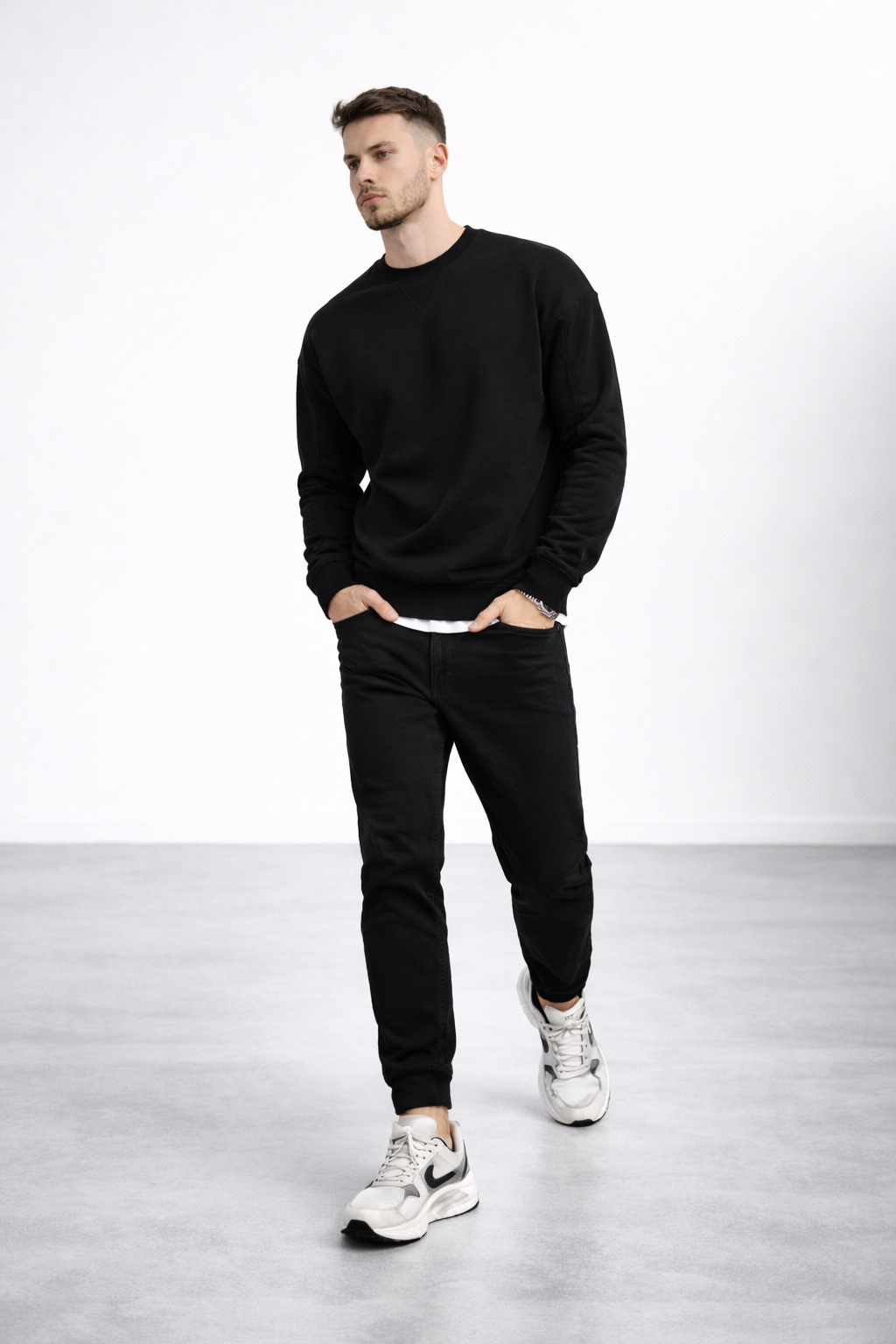 Erkek Siyah 3 İplik Şardonlu Kalın Basic Bisiklet Yaka Oversize Sweatshirt