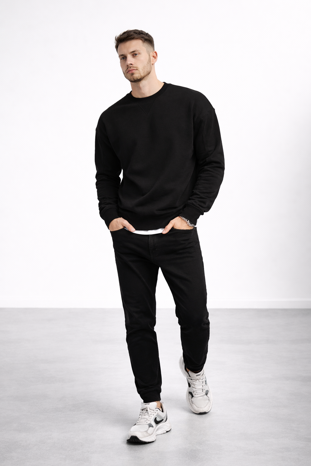 Erkek Siyah 3 İplik Şardonlu Kalın Basic Bisiklet Yaka Oversize Sweatshirt