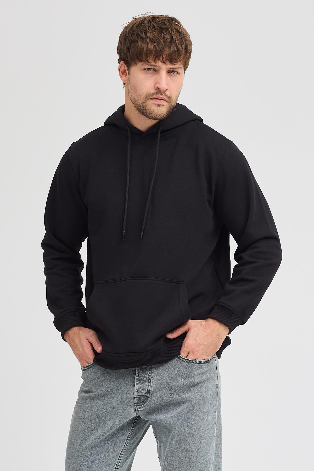 Erkek Siyah Standart Fit Normal Kesim Içi Polarlı 3 Iplik Kapüşonlu Pamuklu Sweatshirt