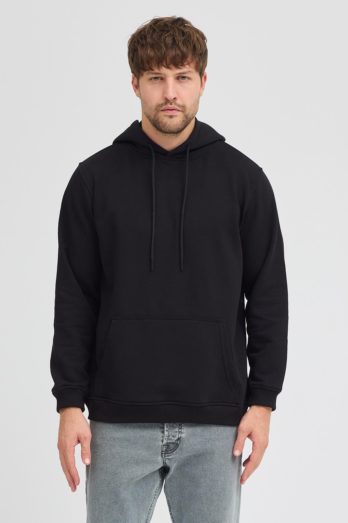 Erkek Siyah Standart Fit Normal Kesim Içi Polarlı 3 Iplik Kapüşonlu Pamuklu Sweatshirt