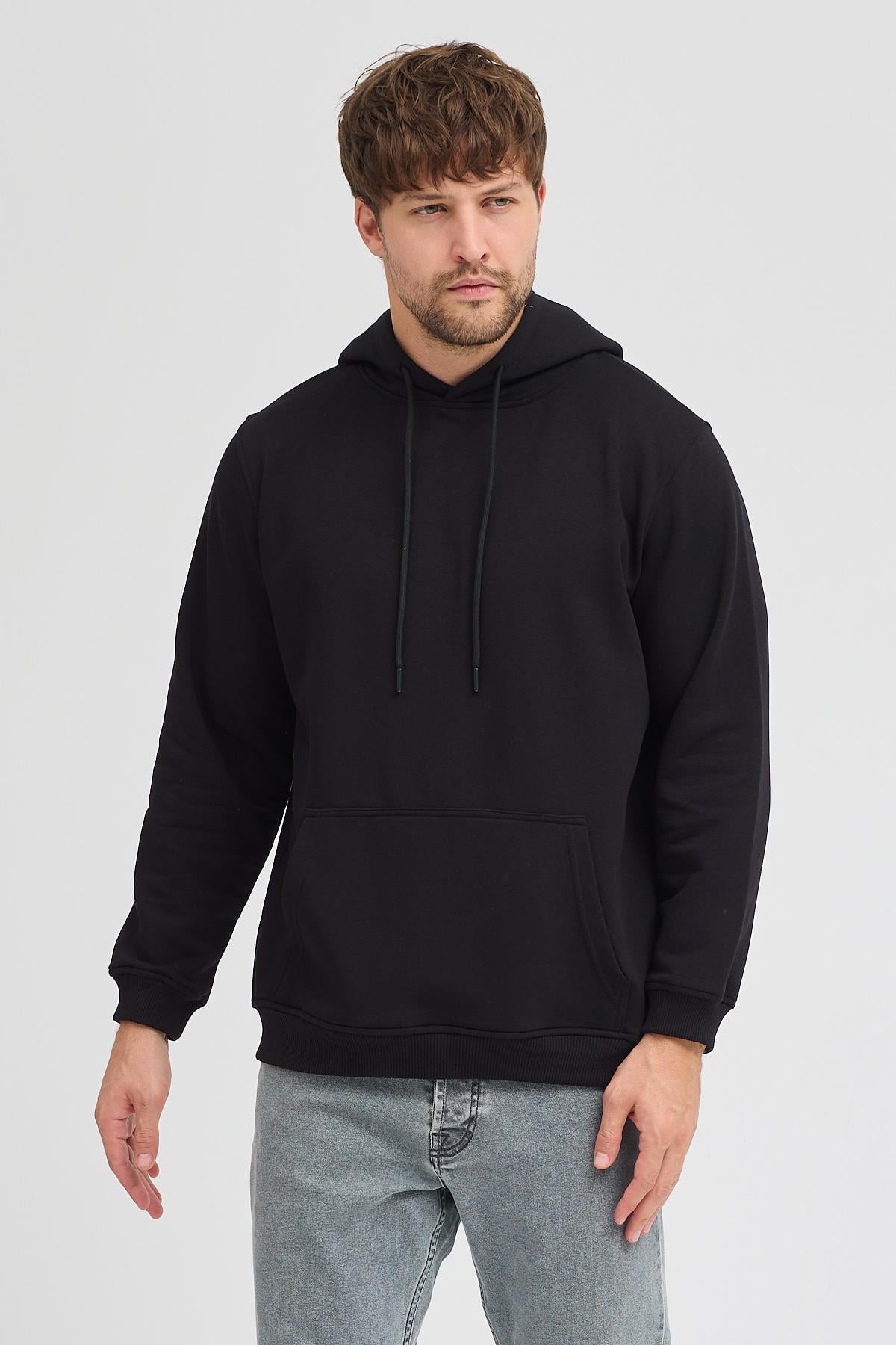 Erkek Siyah Standart Fit Normal Kesim Içi Polarlı 3 Iplik Kapüşonlu Pamuklu Sweatshirt