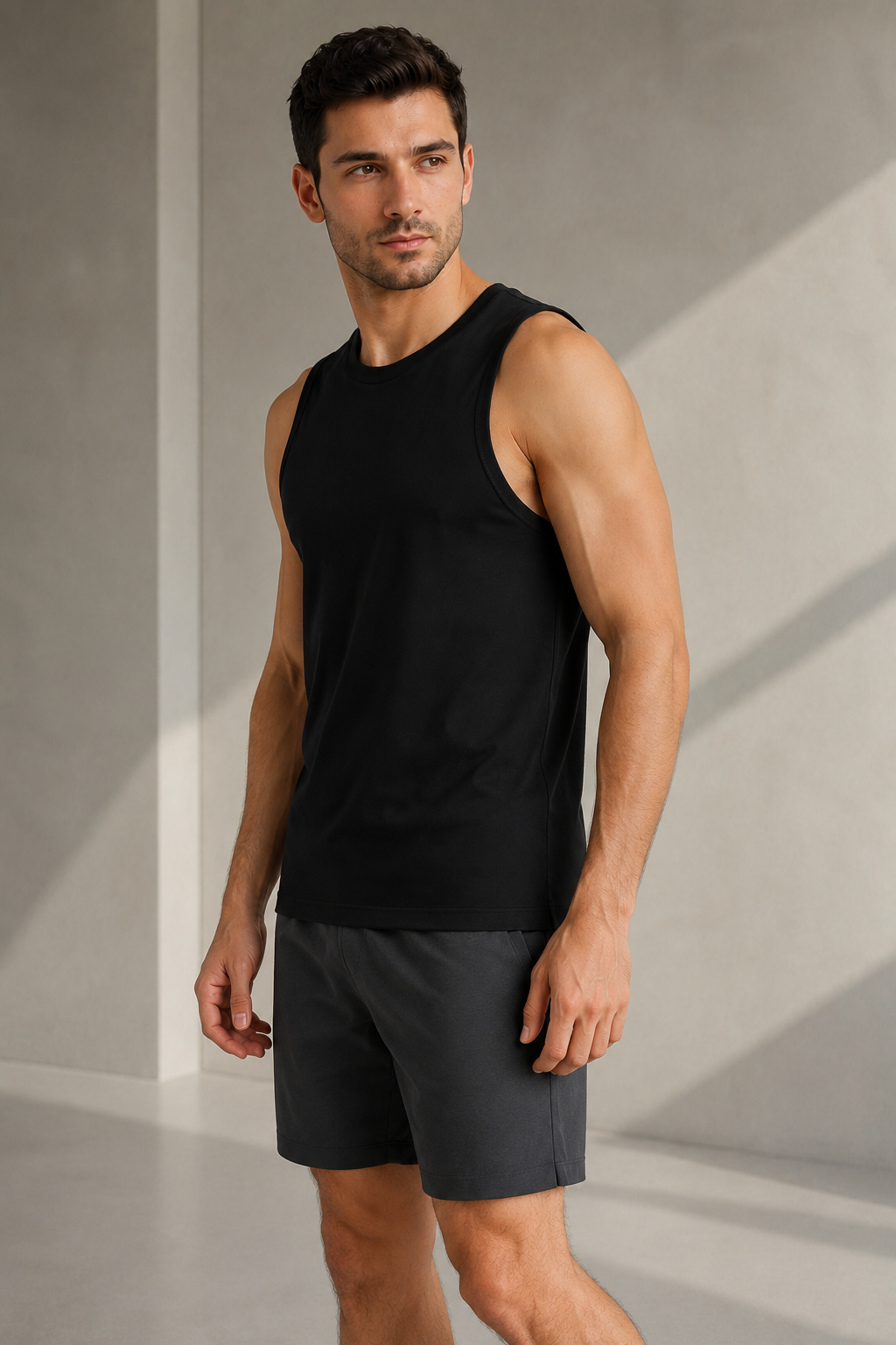 Erkek Siyah Bisiklet Yaka Pamuk Elastan Regular Fit Spor Atlet