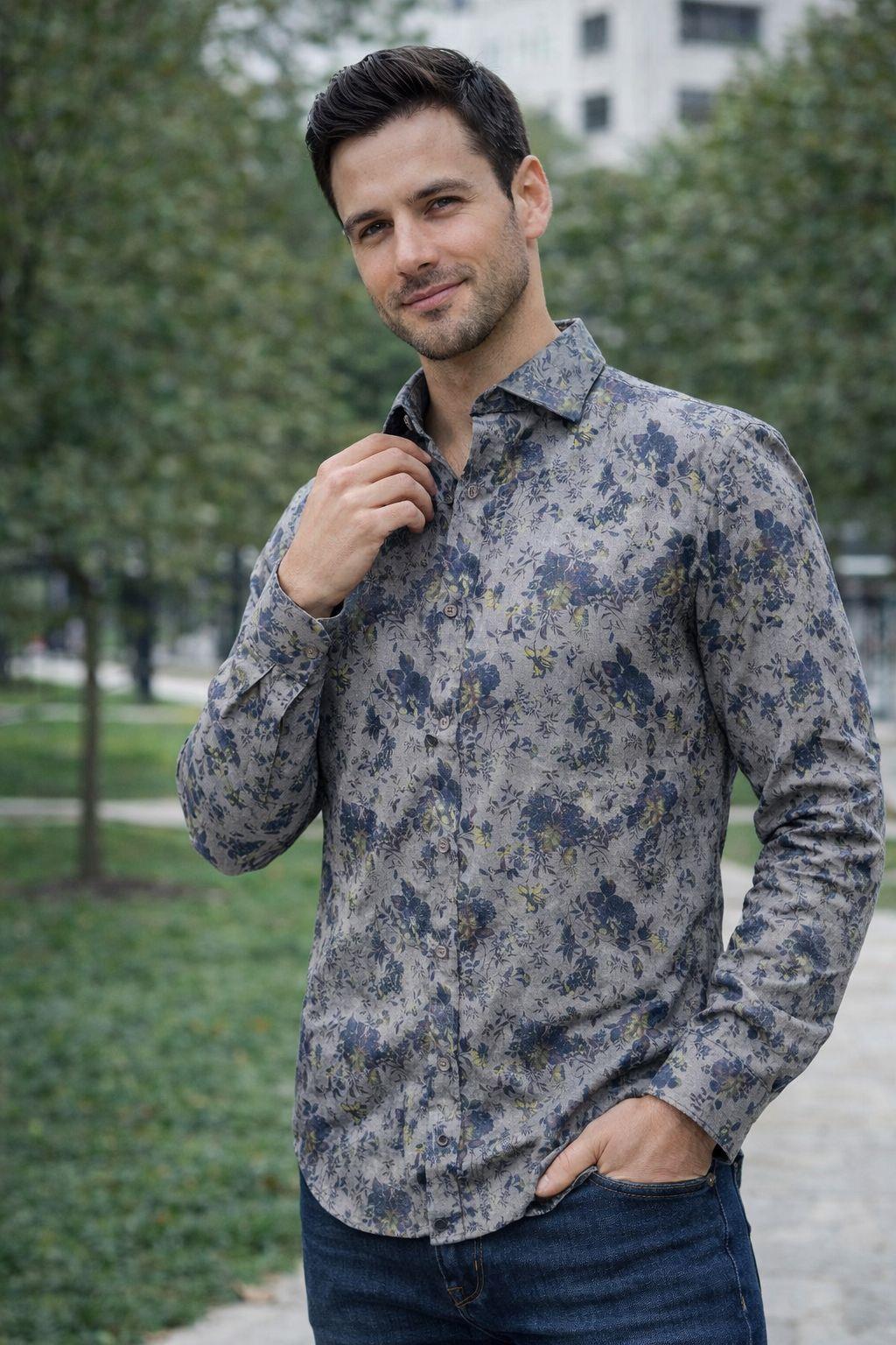 Erkek Slim Fit Çiçek Desenli Denim Gömlek