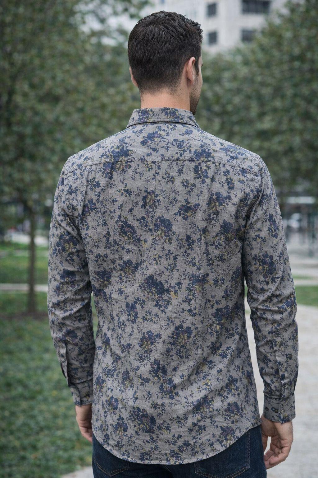 Erkek Slim Fit Çiçek Desenli Denim Gömlek