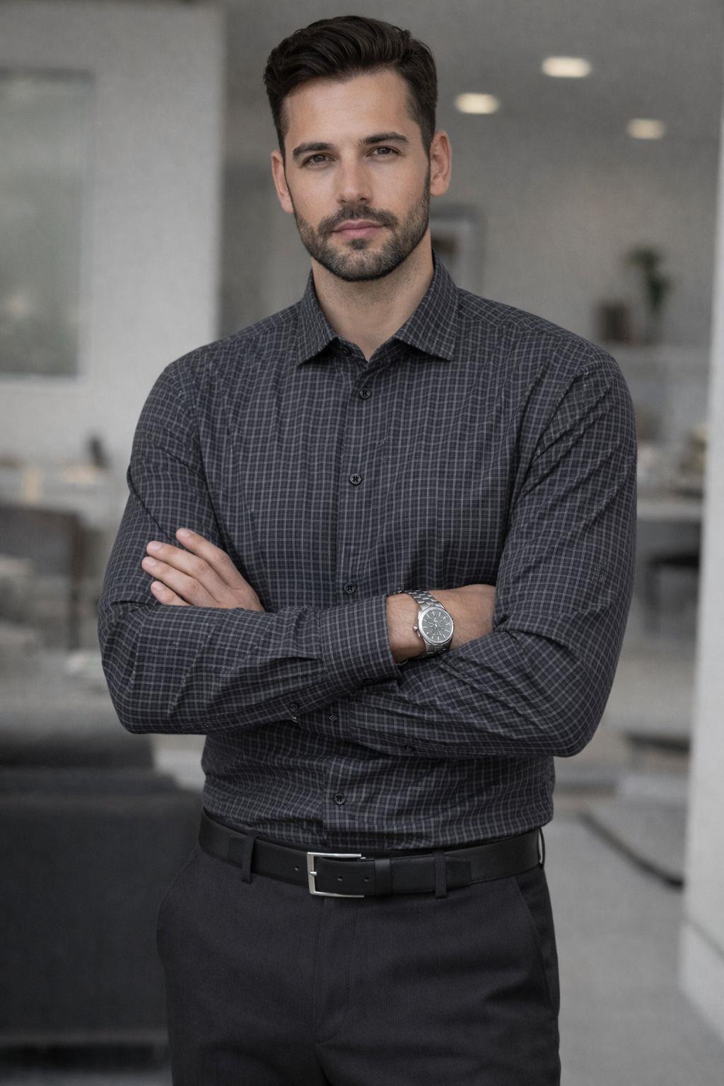 Erkek Slim Fit Klasik Kareli Kahverengi Gömlek