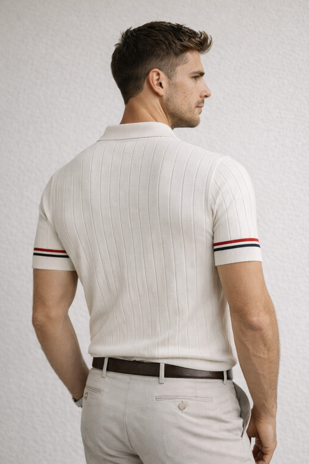 Erkek Slim Fit Triko Polo Yaka Çizgi Detaylı Ekru Tişört