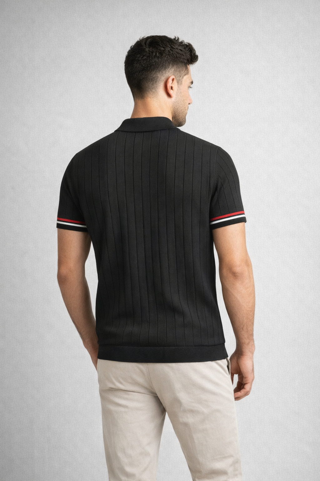 Erkek Slim Fit Triko Polo Yaka Çizgi Detaylı Siyah Tişört