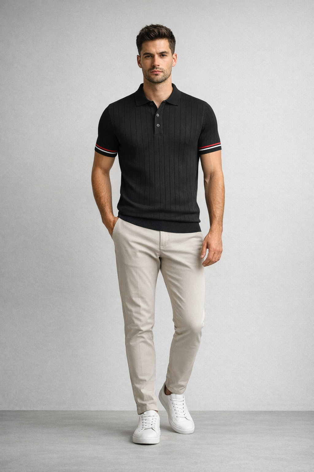 Erkek Slim Fit Triko Polo Yaka Çizgi Detaylı Siyah Tişört