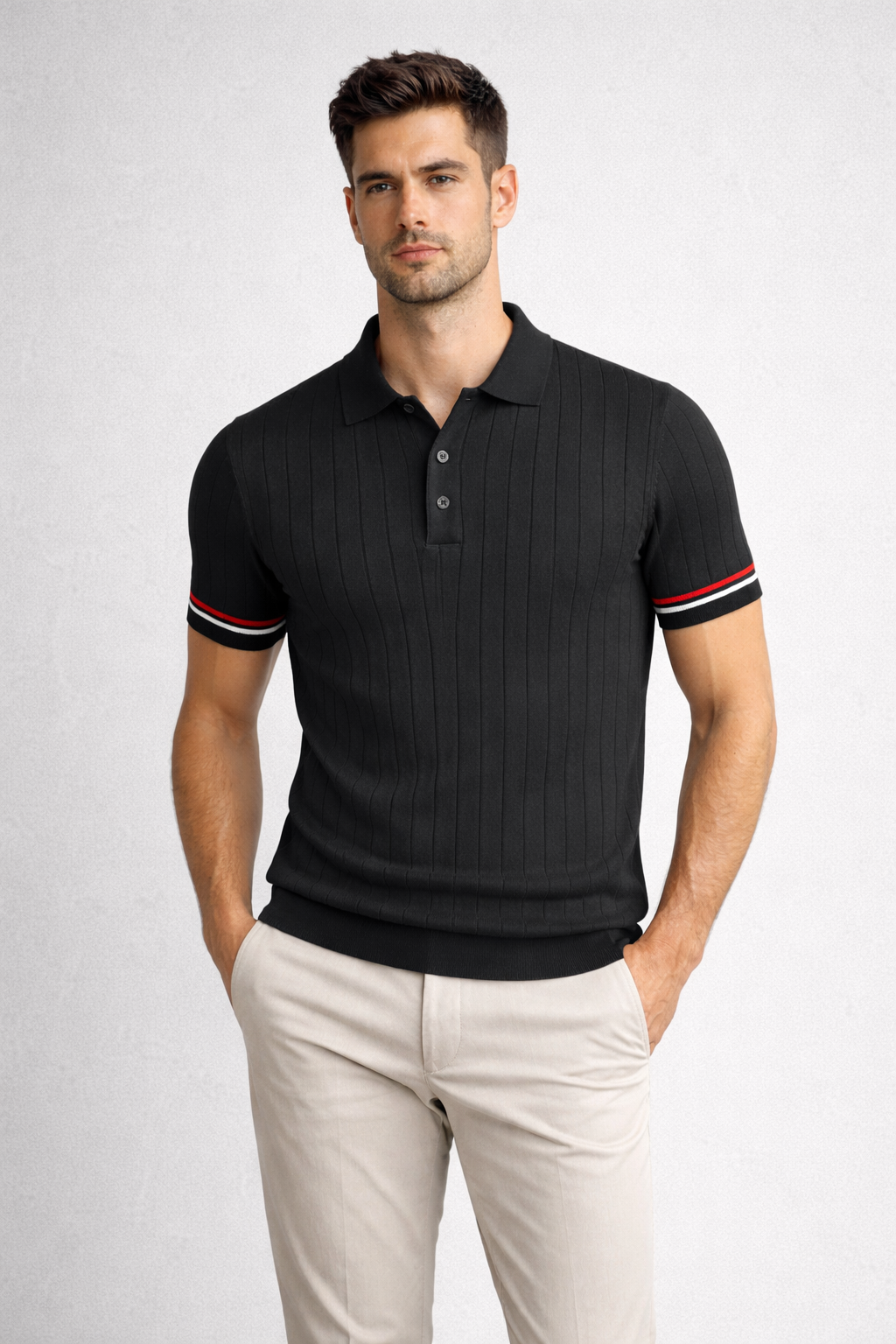 Erkek Slim Fit Triko Polo Yaka Çizgi Detaylı Siyah Tişört