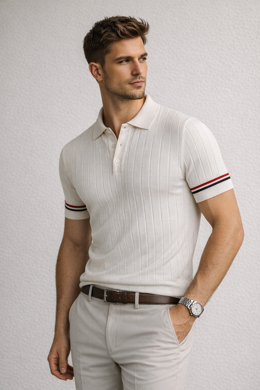 Erkek Slim Fit Triko Polo Yaka Çizgi Detaylı Ekru Tişört