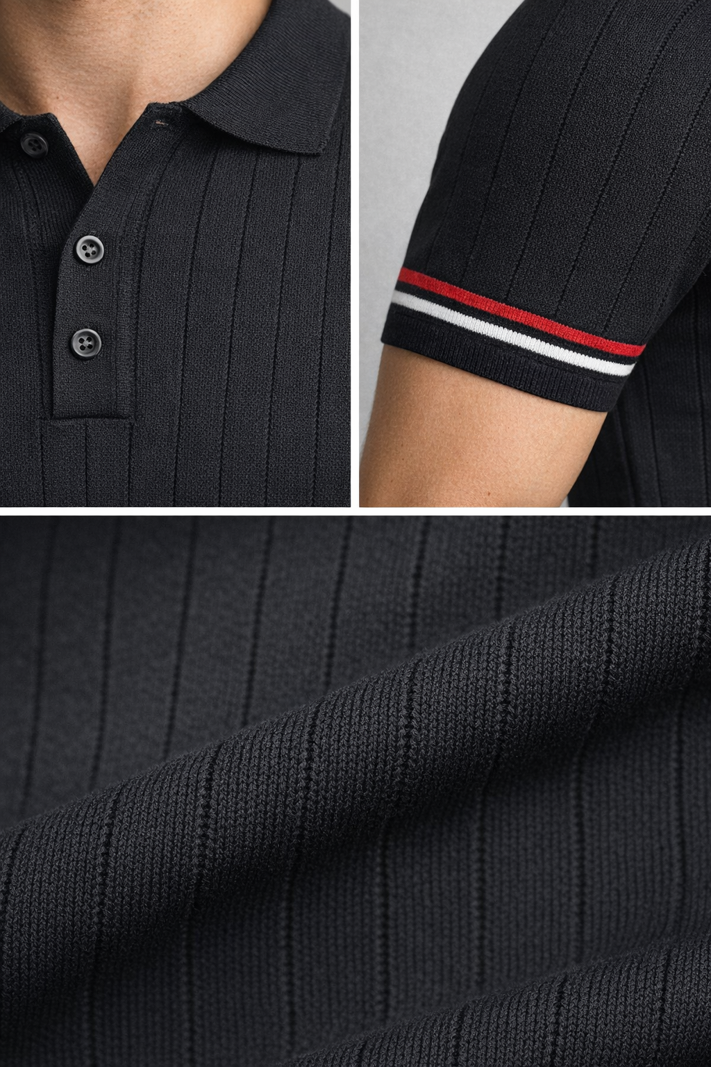 Erkek Slim Fit Triko Polo Yaka Çizgi Detaylı Siyah Tişört