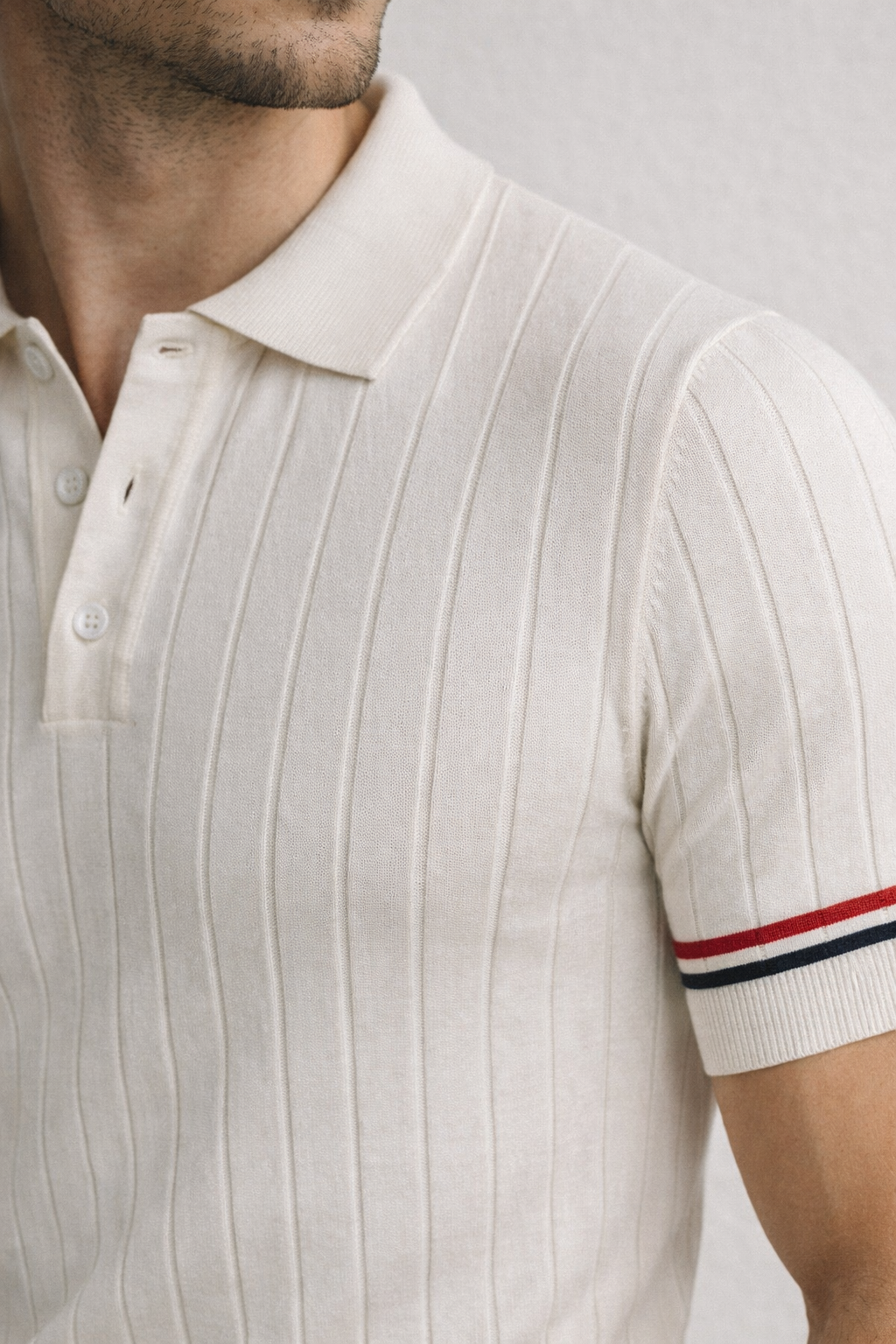Erkek Slim Fit Triko Polo Yaka Çizgi Detaylı Ekru Tişört