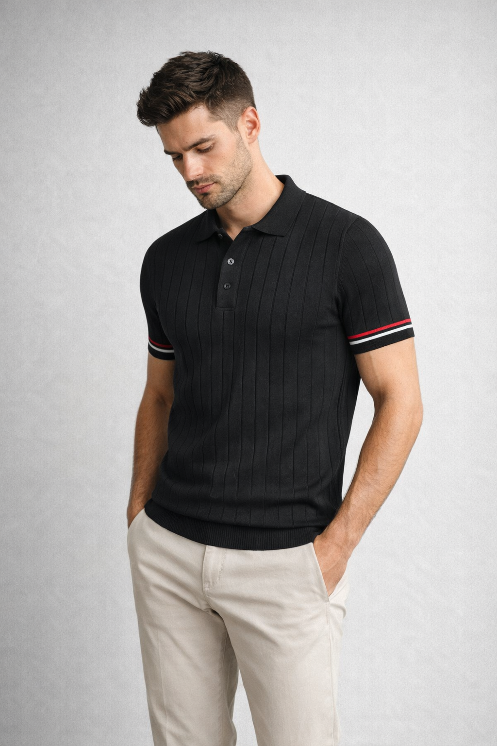 Erkek Slim Fit Triko Polo Yaka Çizgi Detaylı Siyah Tişört